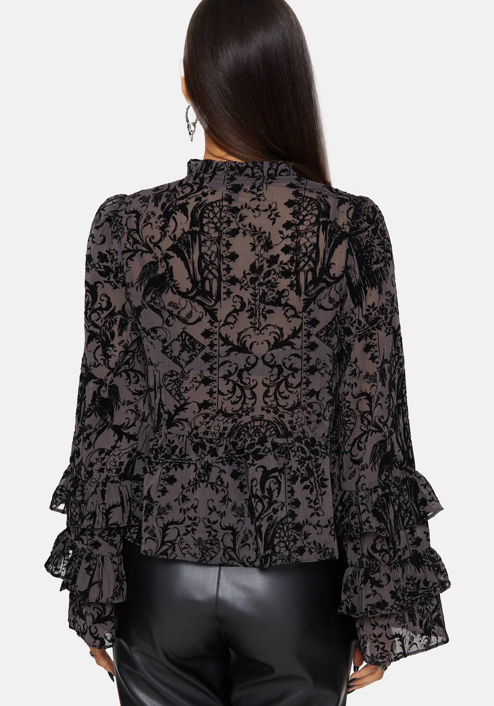 Thorned Flocked Castle Print Chiffon Frill Blouse - Image 3