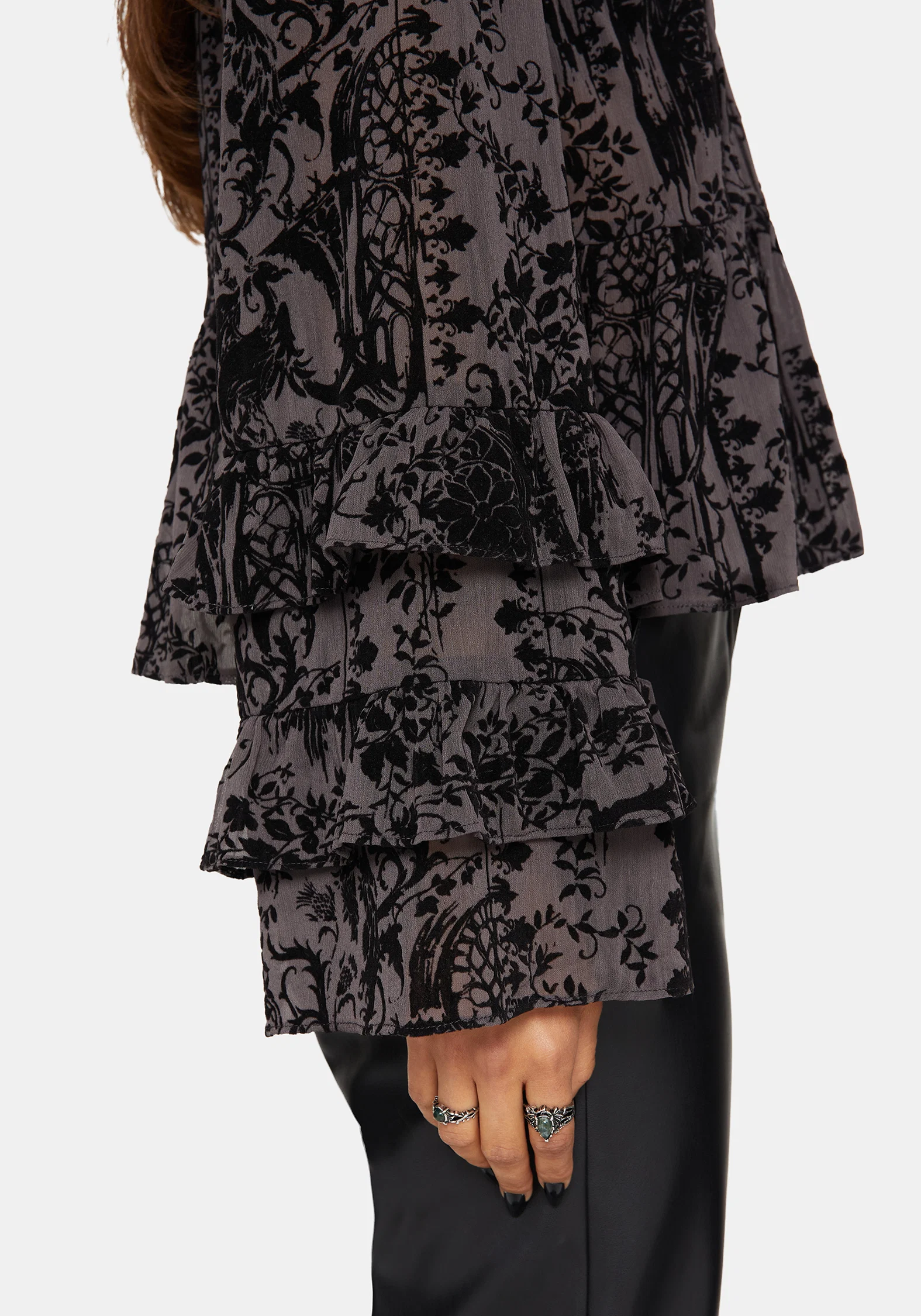 Thorned Flocked Castle Print Chiffon Frill Blouse - Image 4