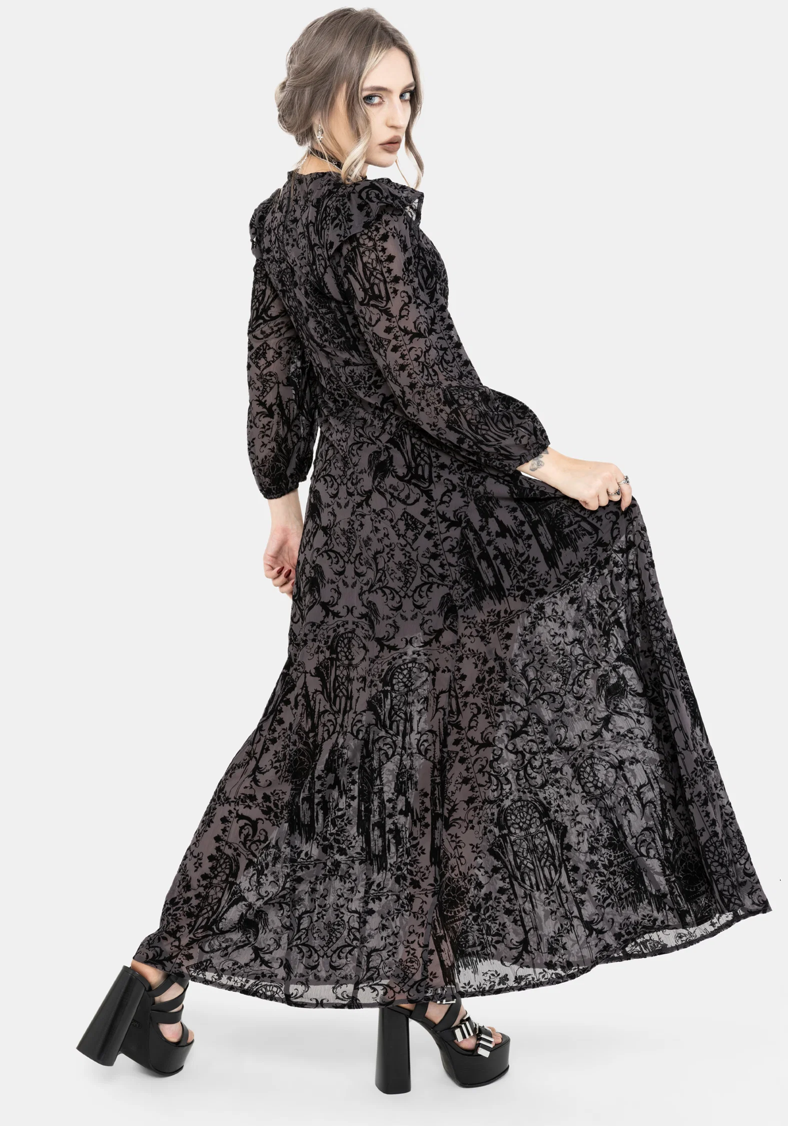 Thorned Flocked Chiffon Castle Print Frill Neck Maxi Dress - Image 3