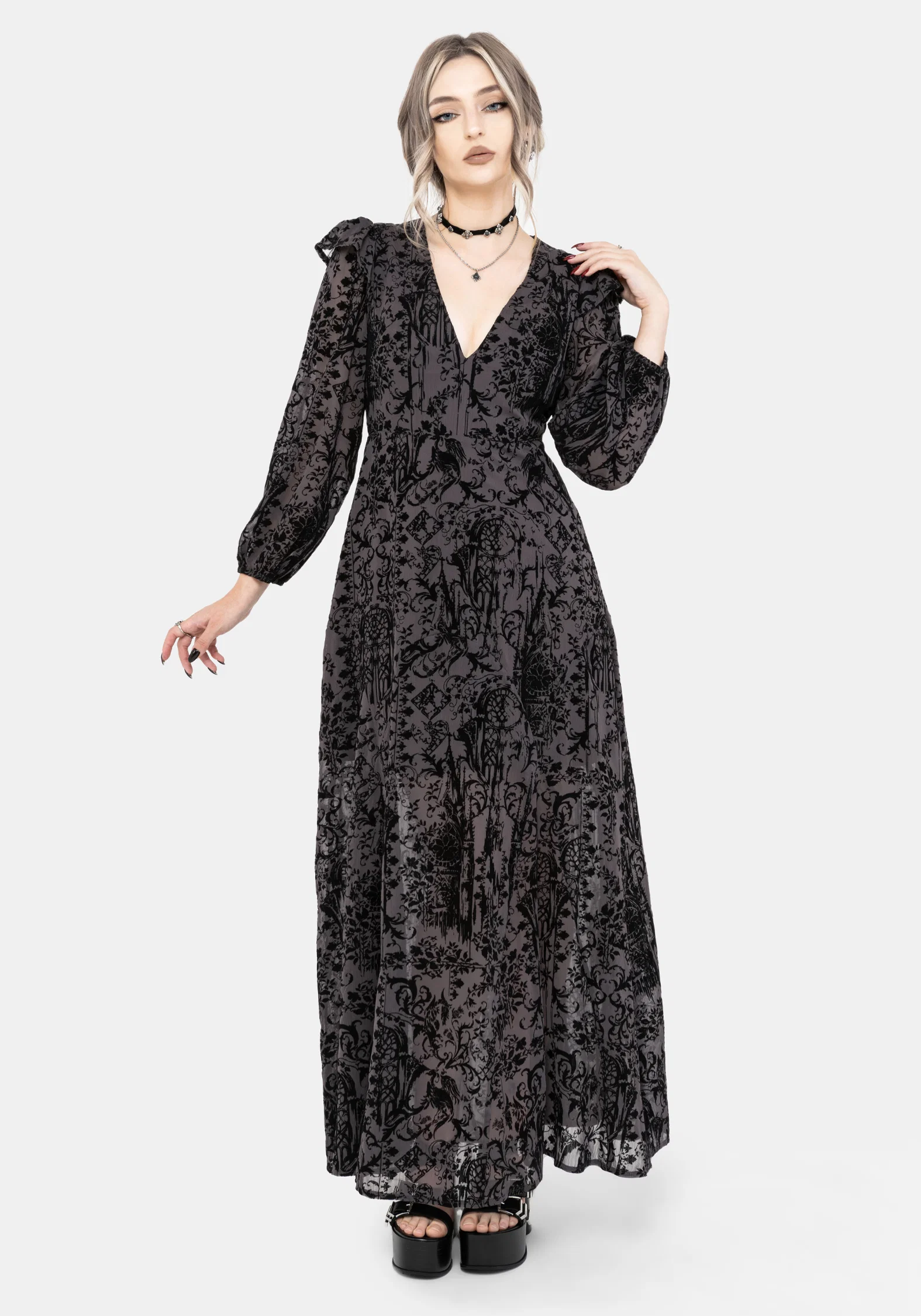 Thorned Flocked Chiffon Castle Print Frill Neck Maxi Dress - Image 4