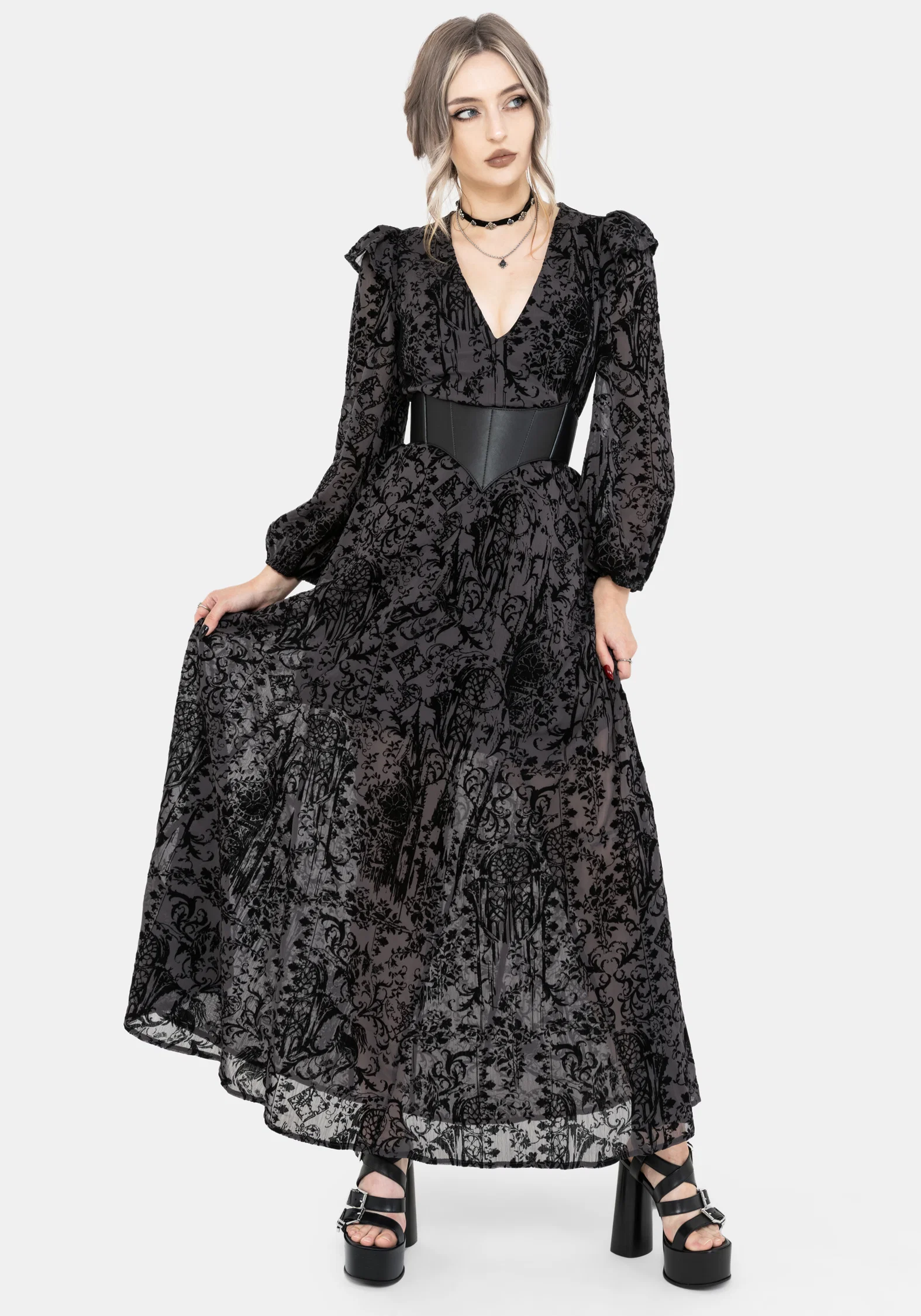 Thorned Flocked Chiffon Castle Print Frill Neck Maxi Dress - Image 6