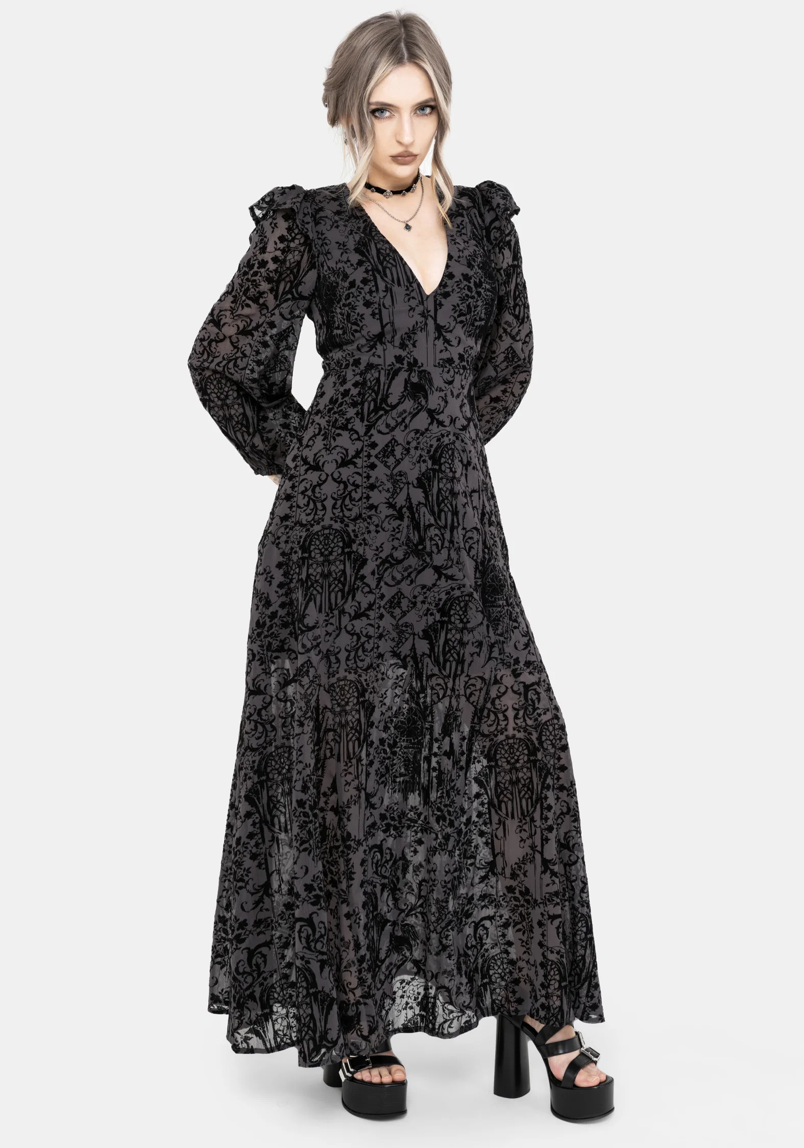 Thorned Flocked Chiffon Castle Print Frill Neck Maxi Dress - Image 7