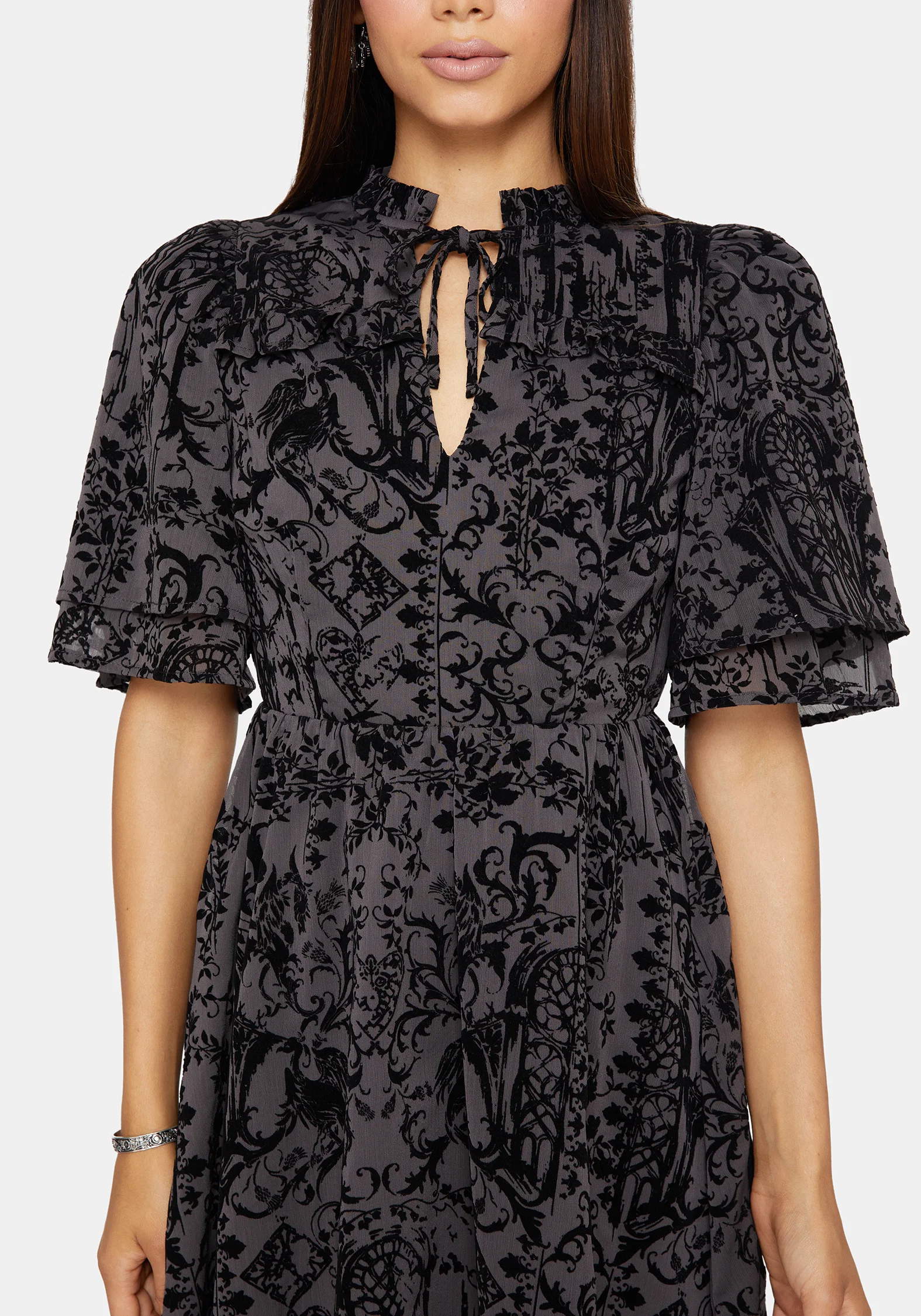 Thorned Flocked Chiffon Castle Print Yoke Front Frill Sleeve Mini Dress - Image 2