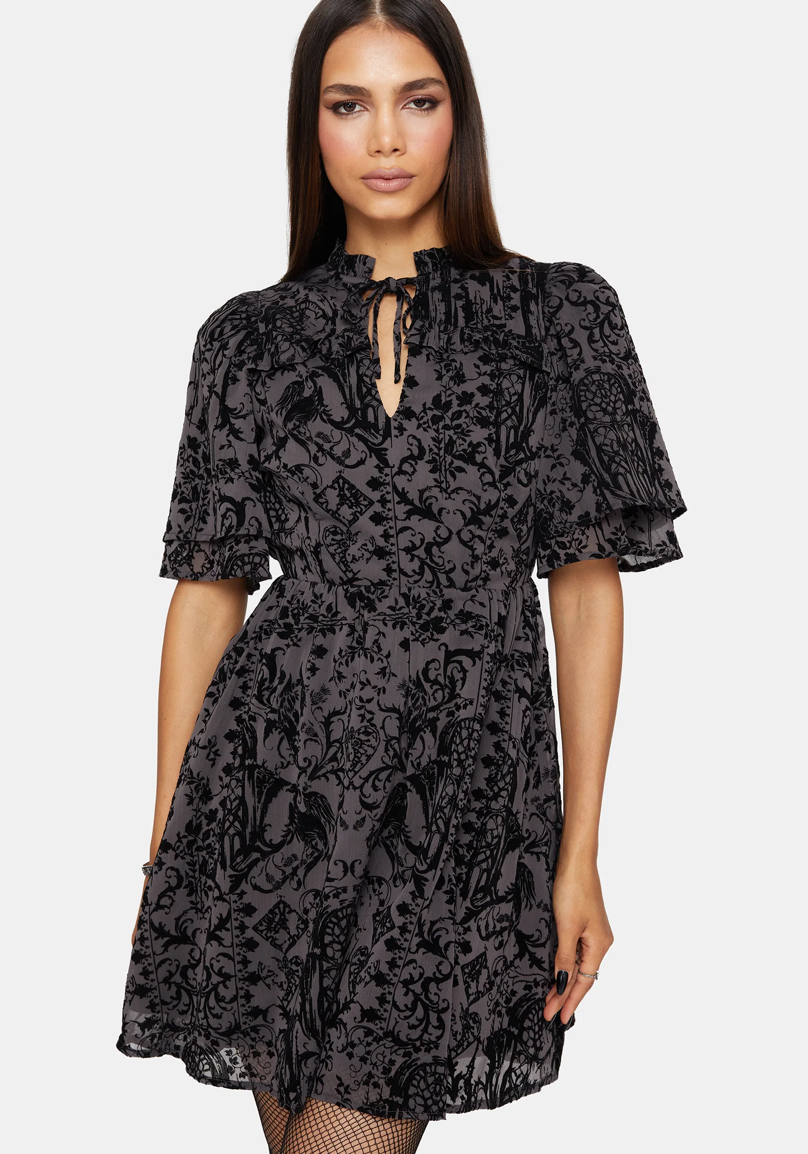Thorned Flocked Chiffon Castle Print Yoke Front Frill Sleeve Mini Dress - Image 4