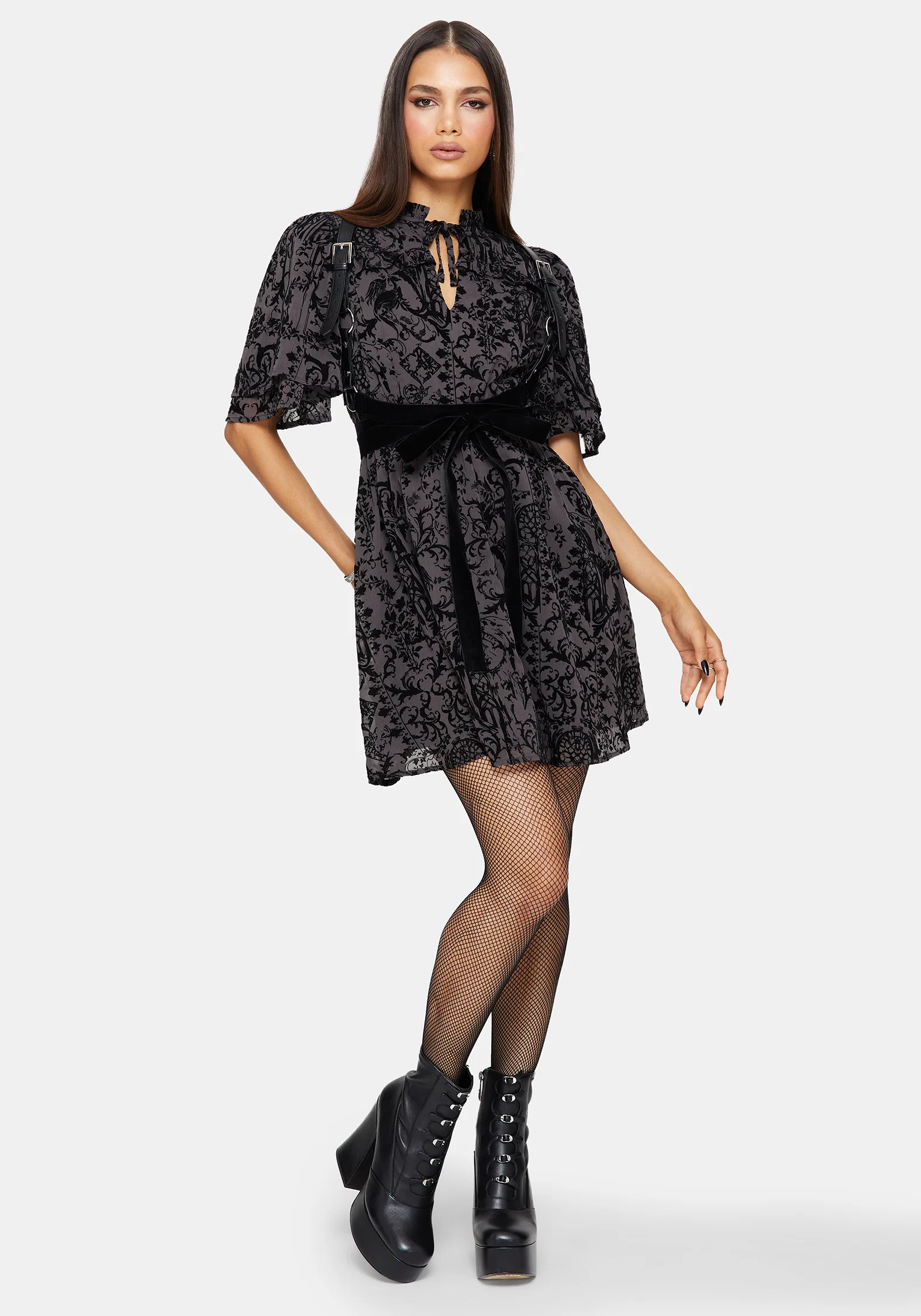 Thorned Flocked Chiffon Castle Print Yoke Front Frill Sleeve Mini Dress - Image 5