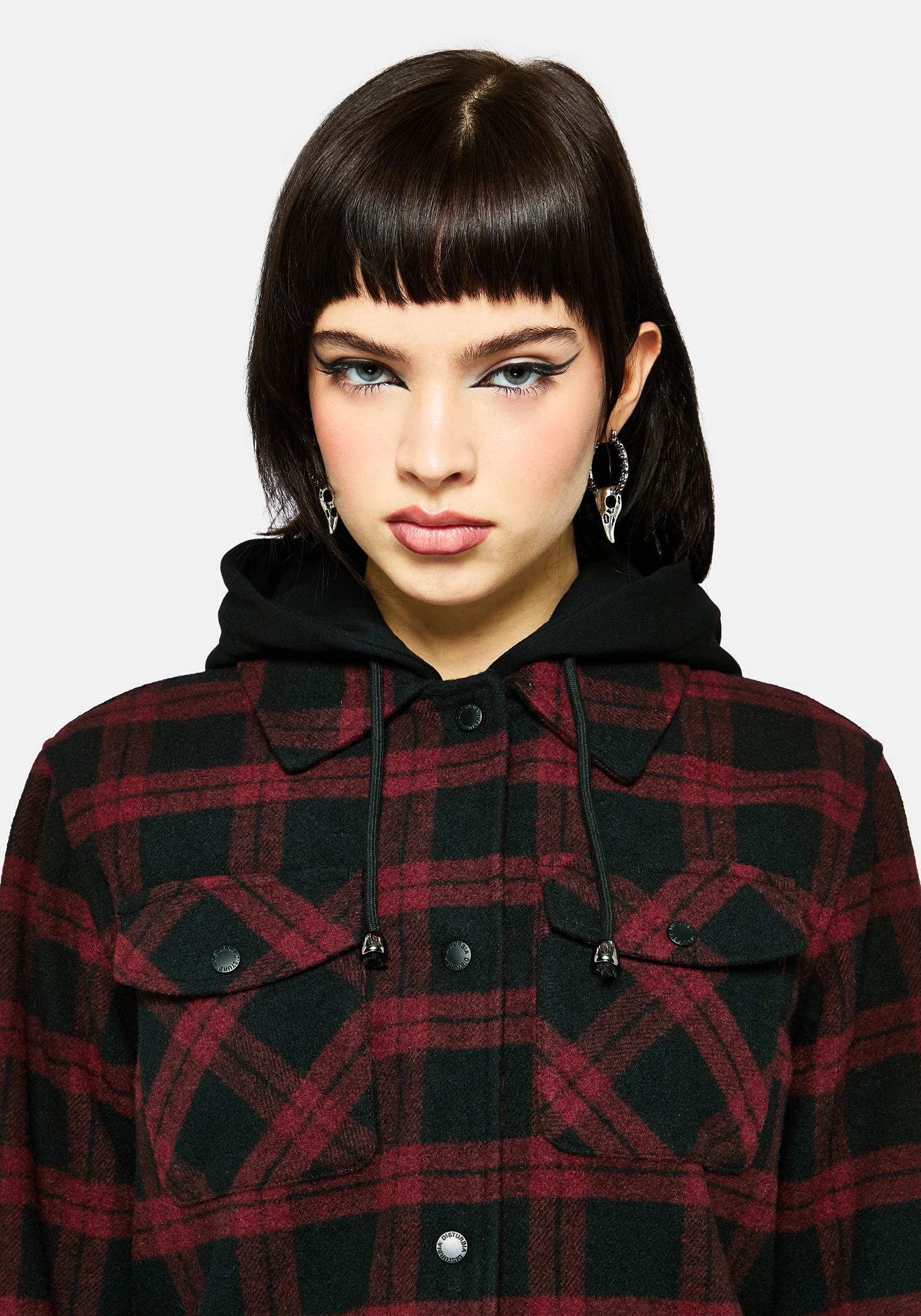 Trellis Hooded Pocket Check Shacket - Burgundy - Image 2