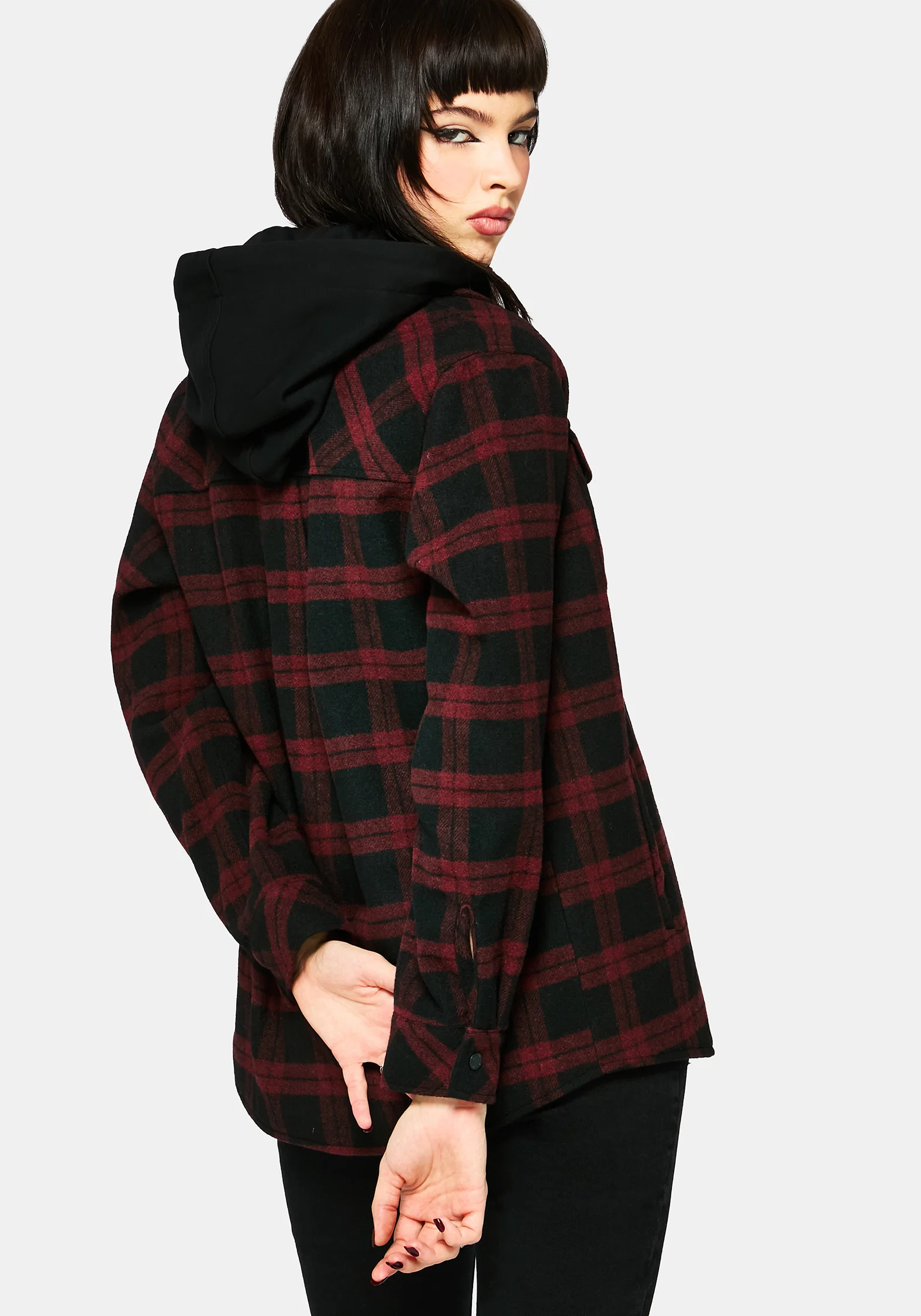 Trellis Hooded Pocket Check Shacket - Burgundy - Image 3