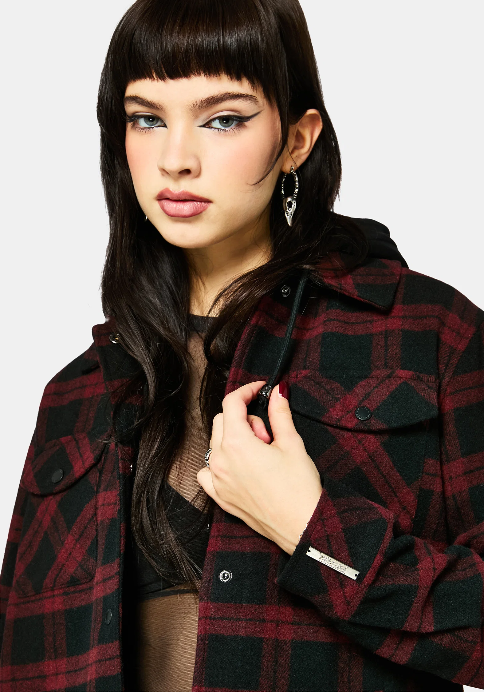 Trellis Hooded Pocket Check Shacket - Burgundy - Image 4