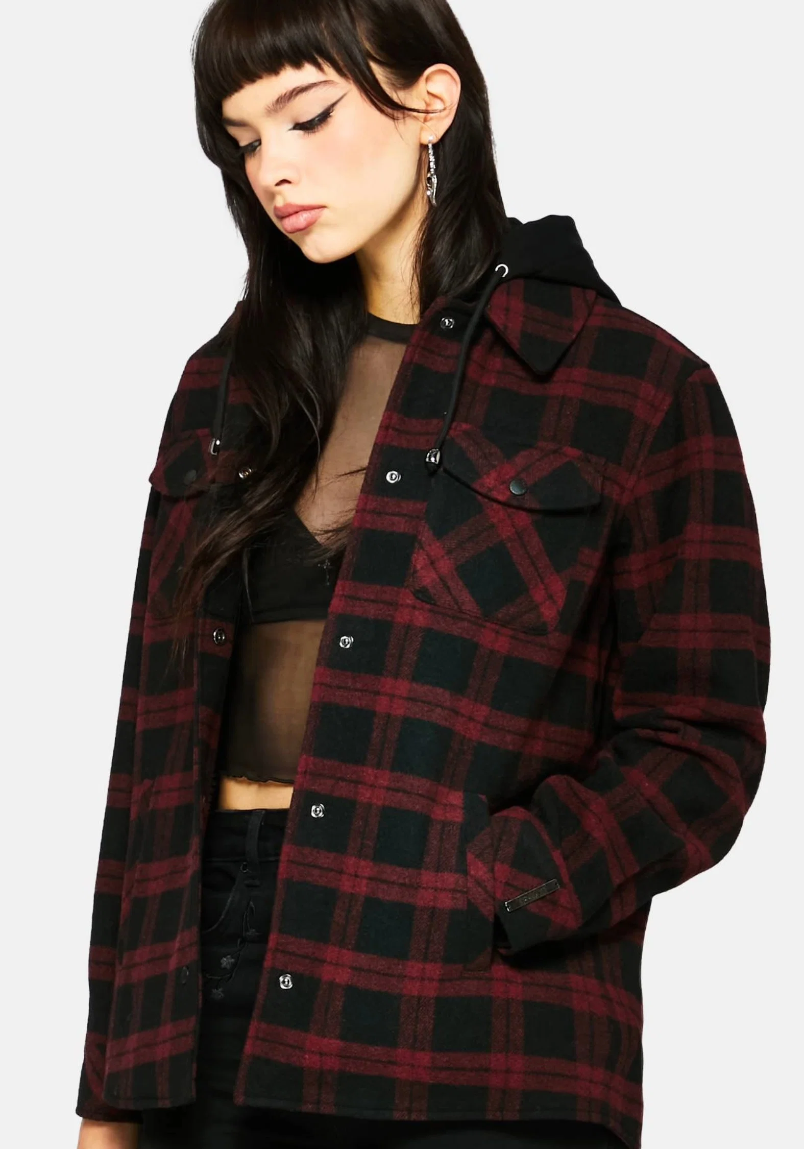 Trellis Hooded Pocket Check Shacket - Burgundy - Image 5