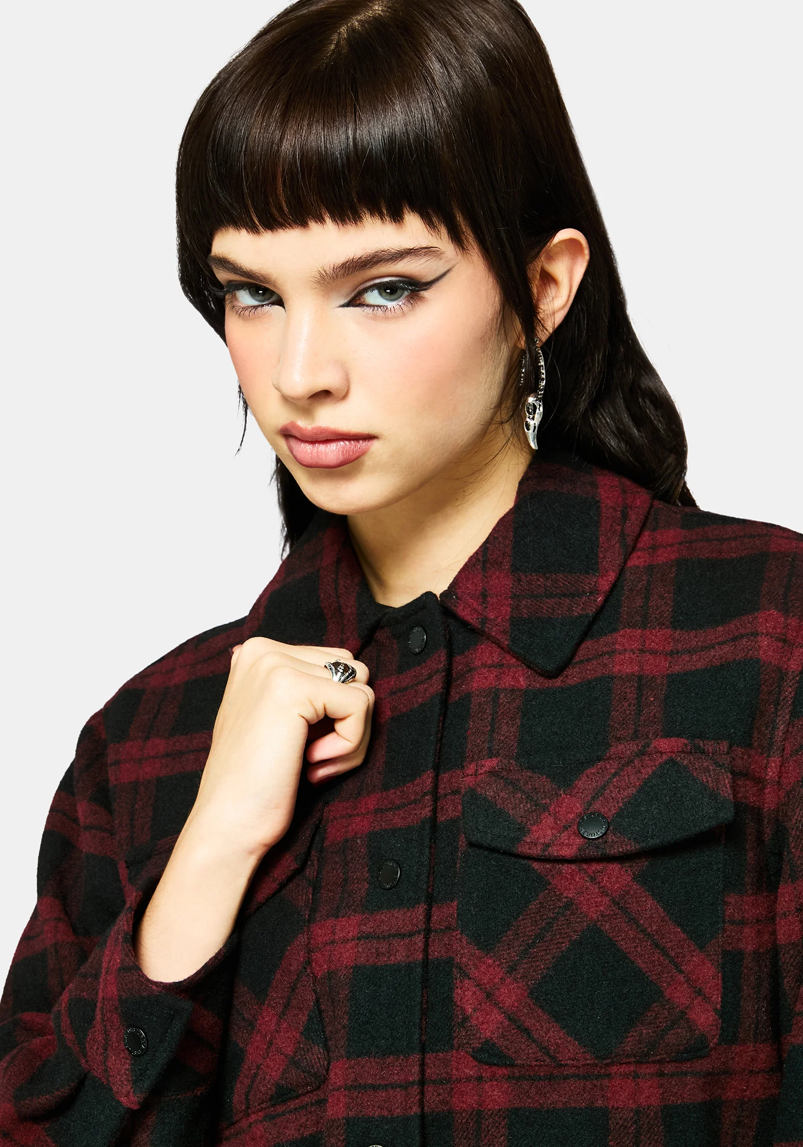 Trellis Hooded Pocket Check Shacket - Burgundy - Image 6