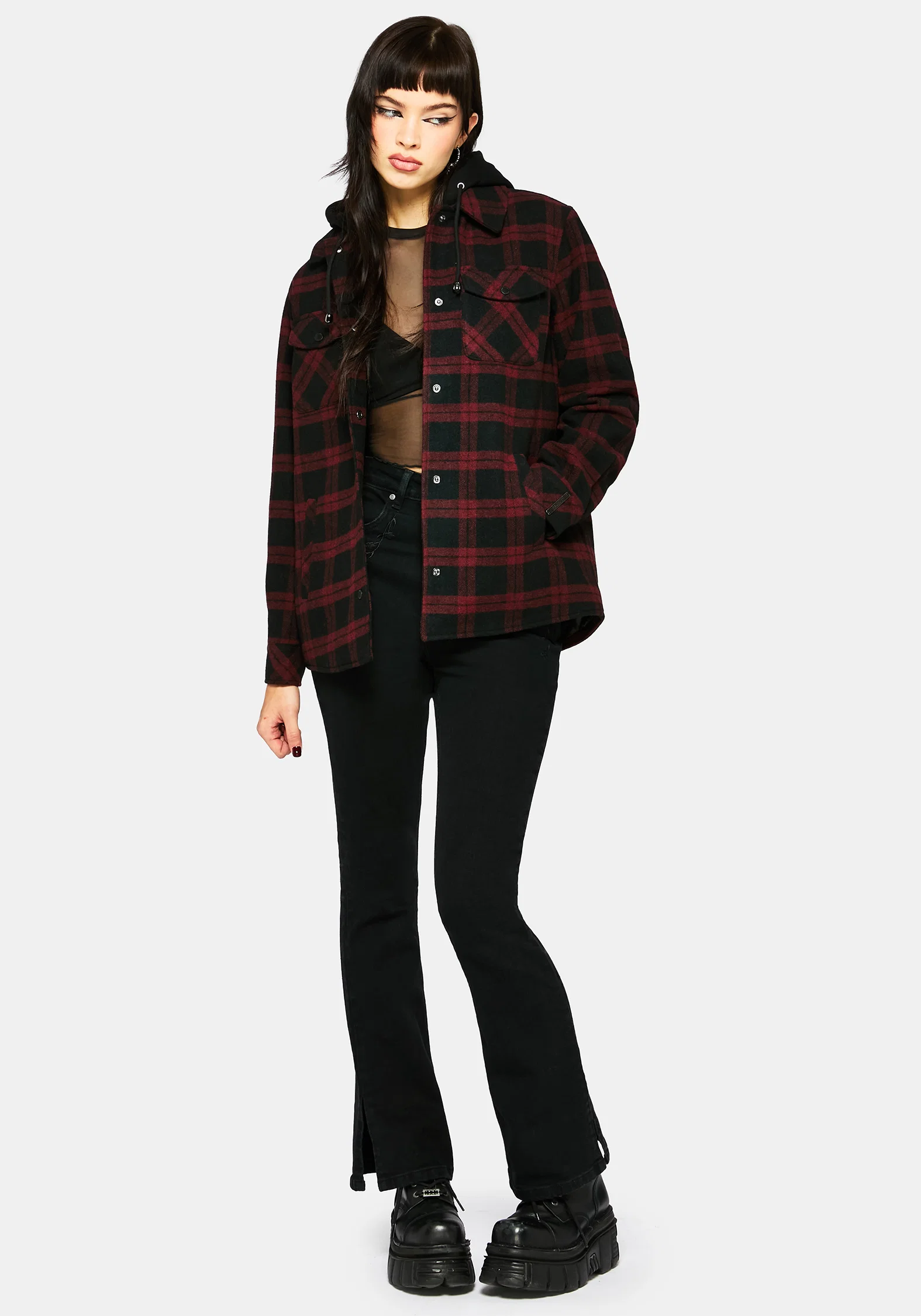 Trellis Hooded Pocket Check Shacket - Burgundy - Image 7