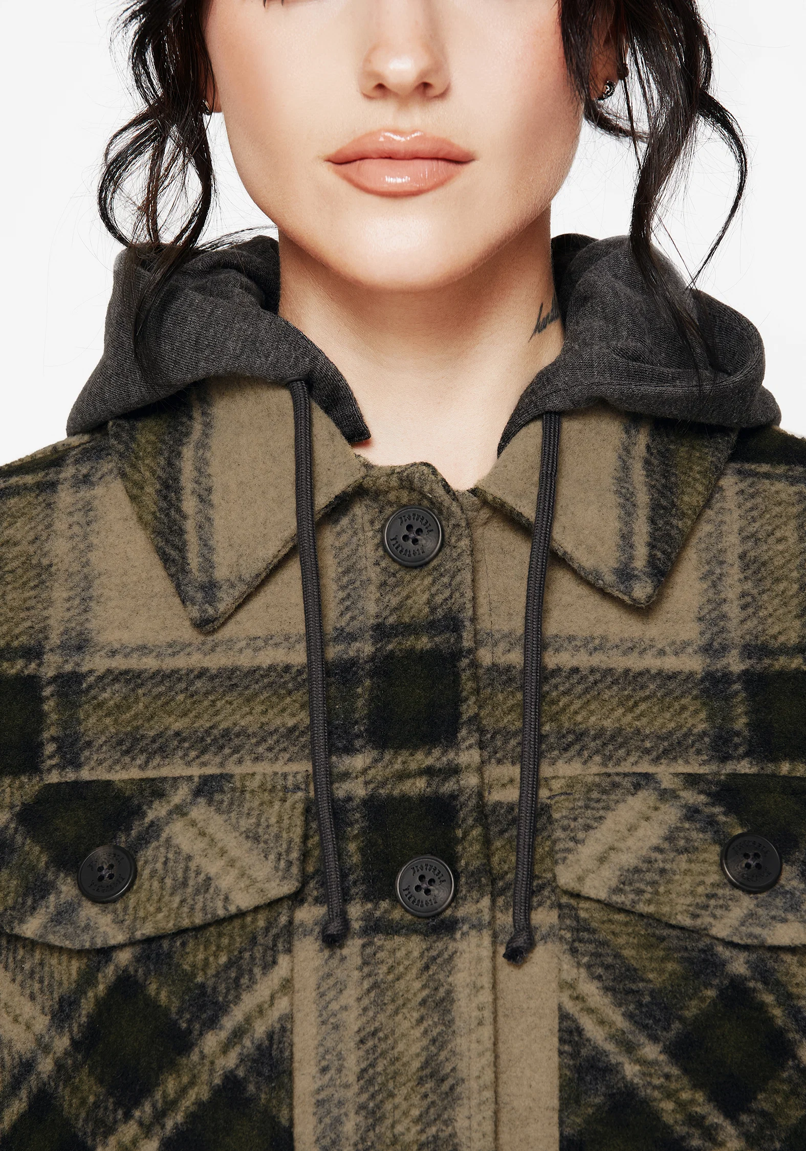 Trellis Hooded Pocket Check Shacket - Green - Image 2