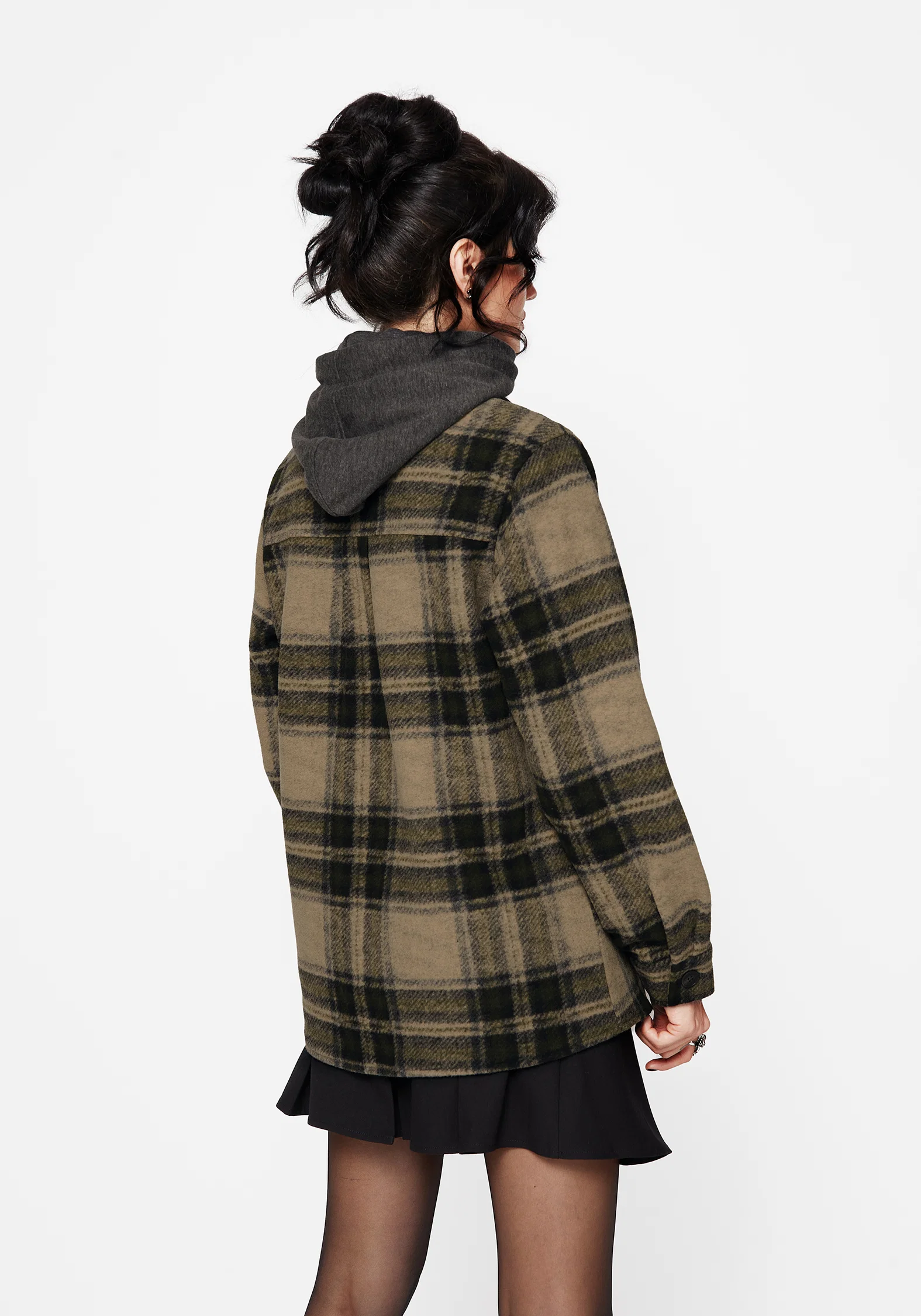 Trellis Hooded Pocket Check Shacket - Green - Image 3