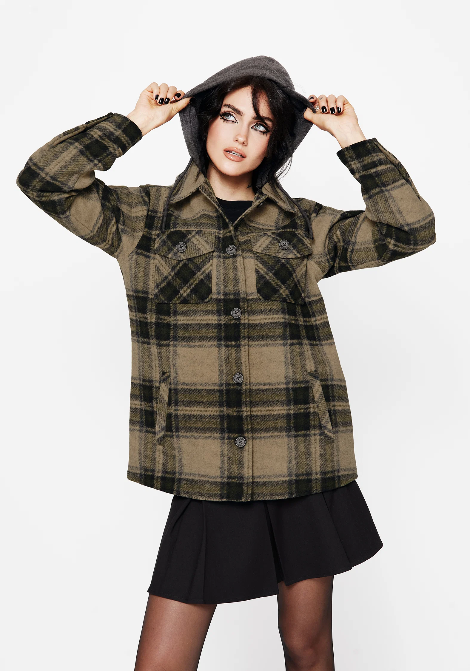 Trellis Hooded Pocket Check Shacket - Green - Image 4