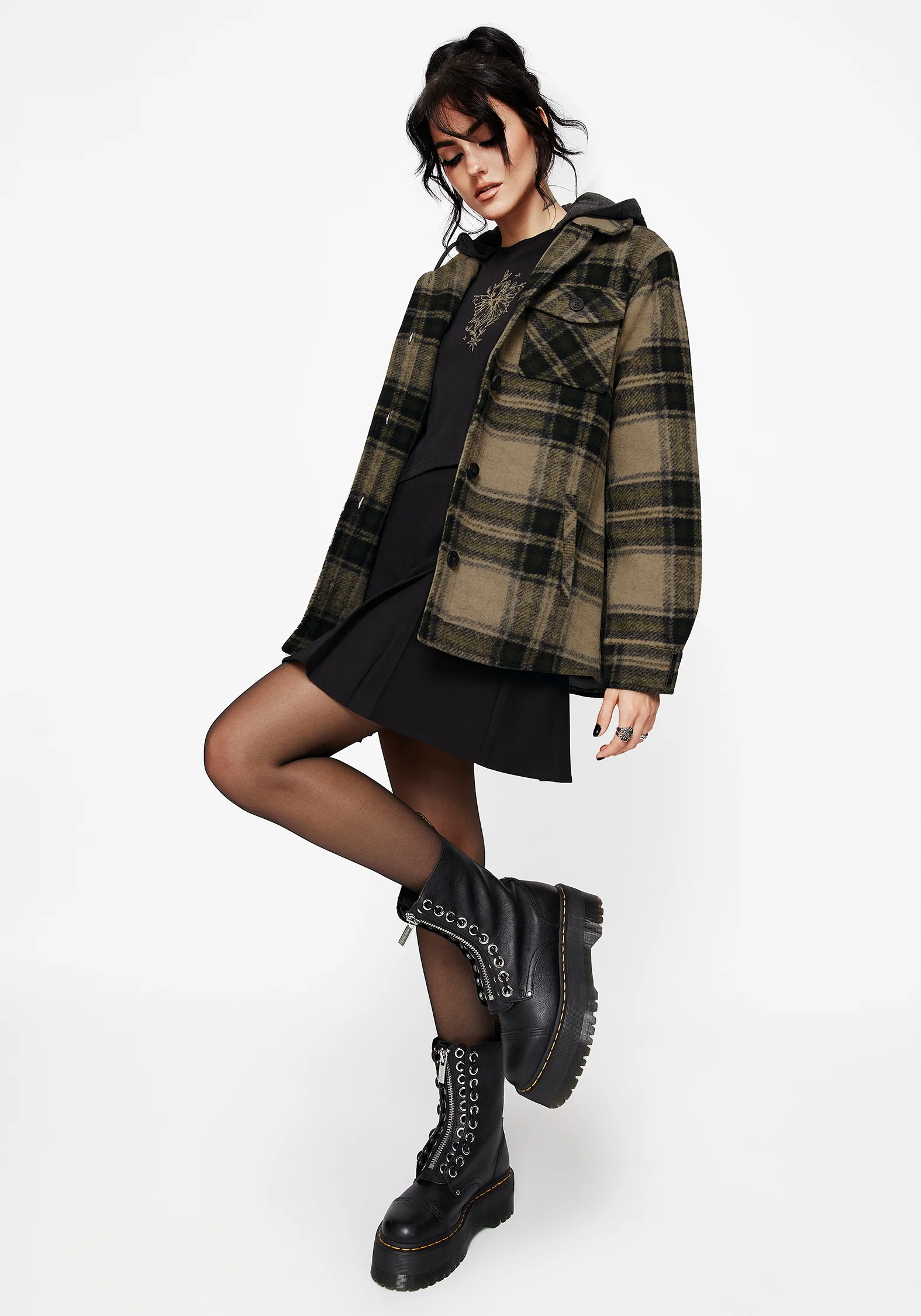 Trellis Hooded Pocket Check Shacket - Green - Image 6