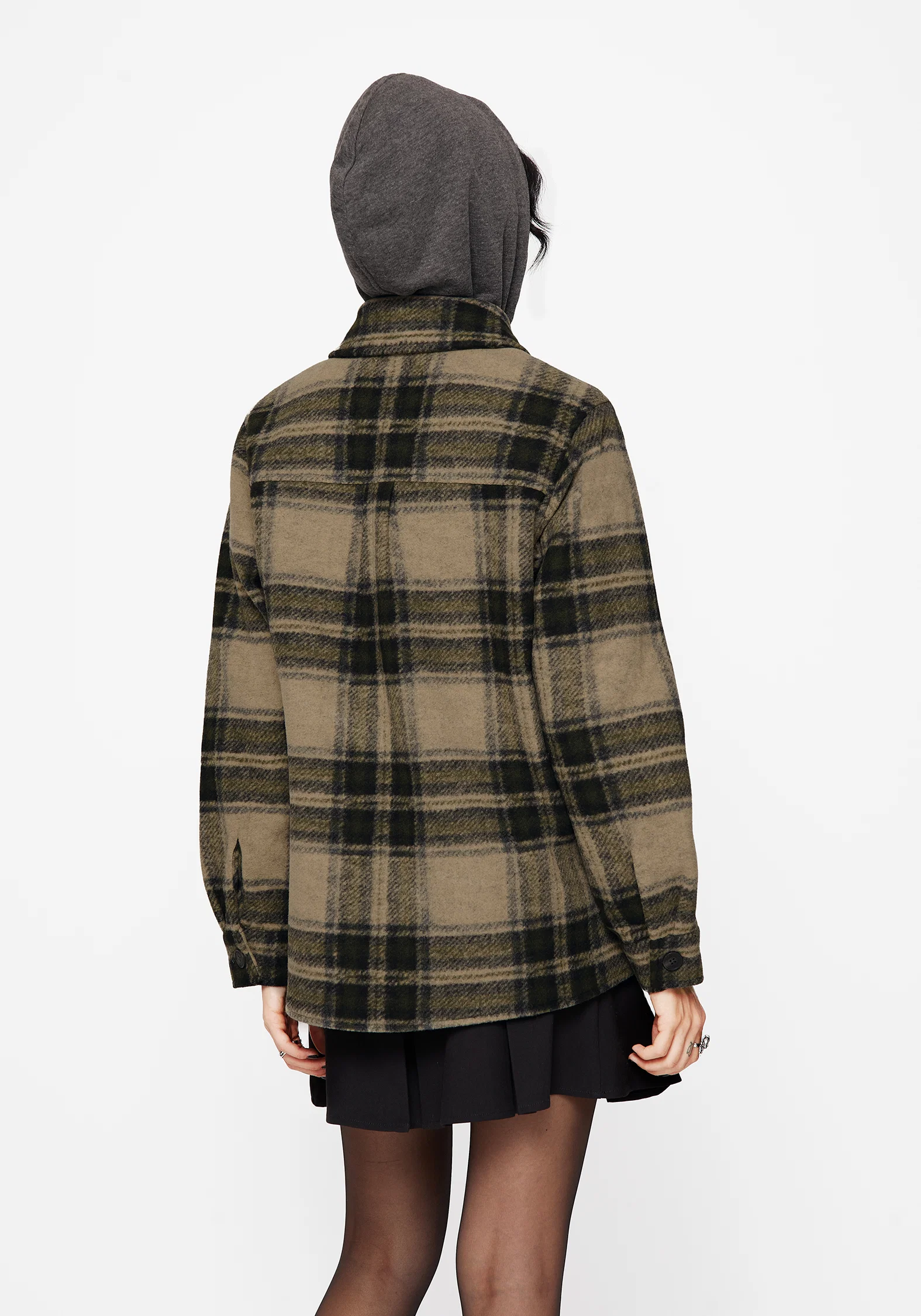 Trellis Hooded Pocket Check Shacket - Green - Image 7