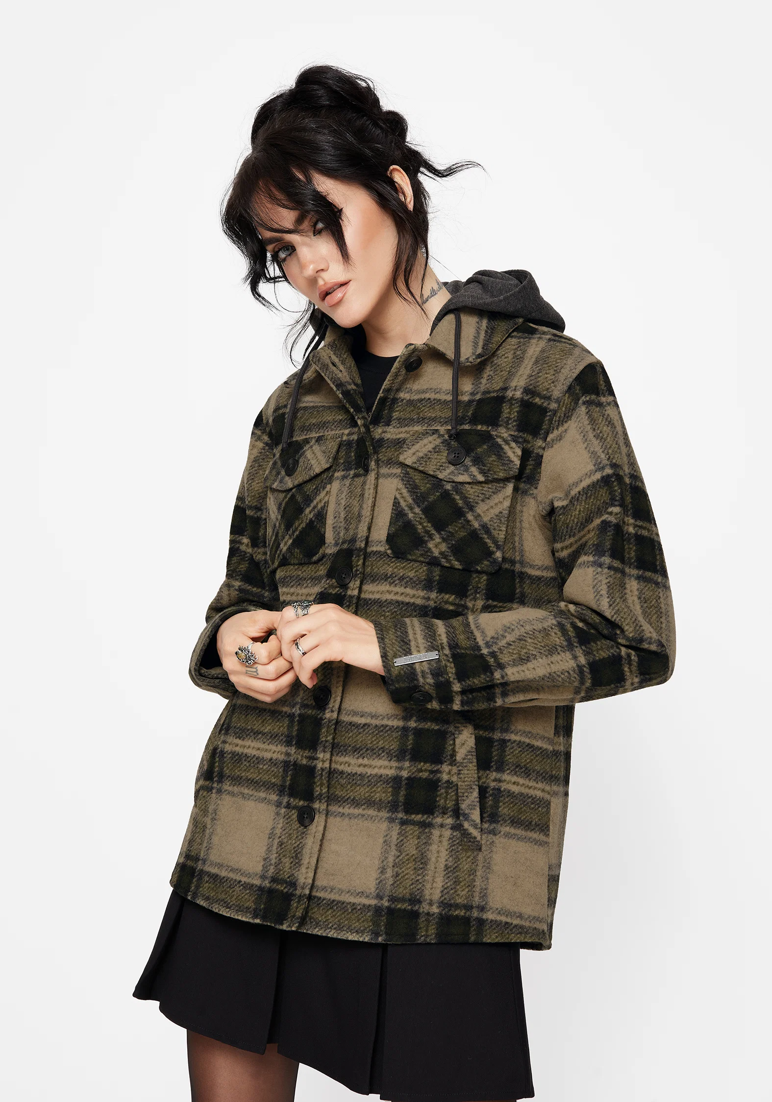 Trellis Hooded Pocket Check Shacket - Green - Image 8