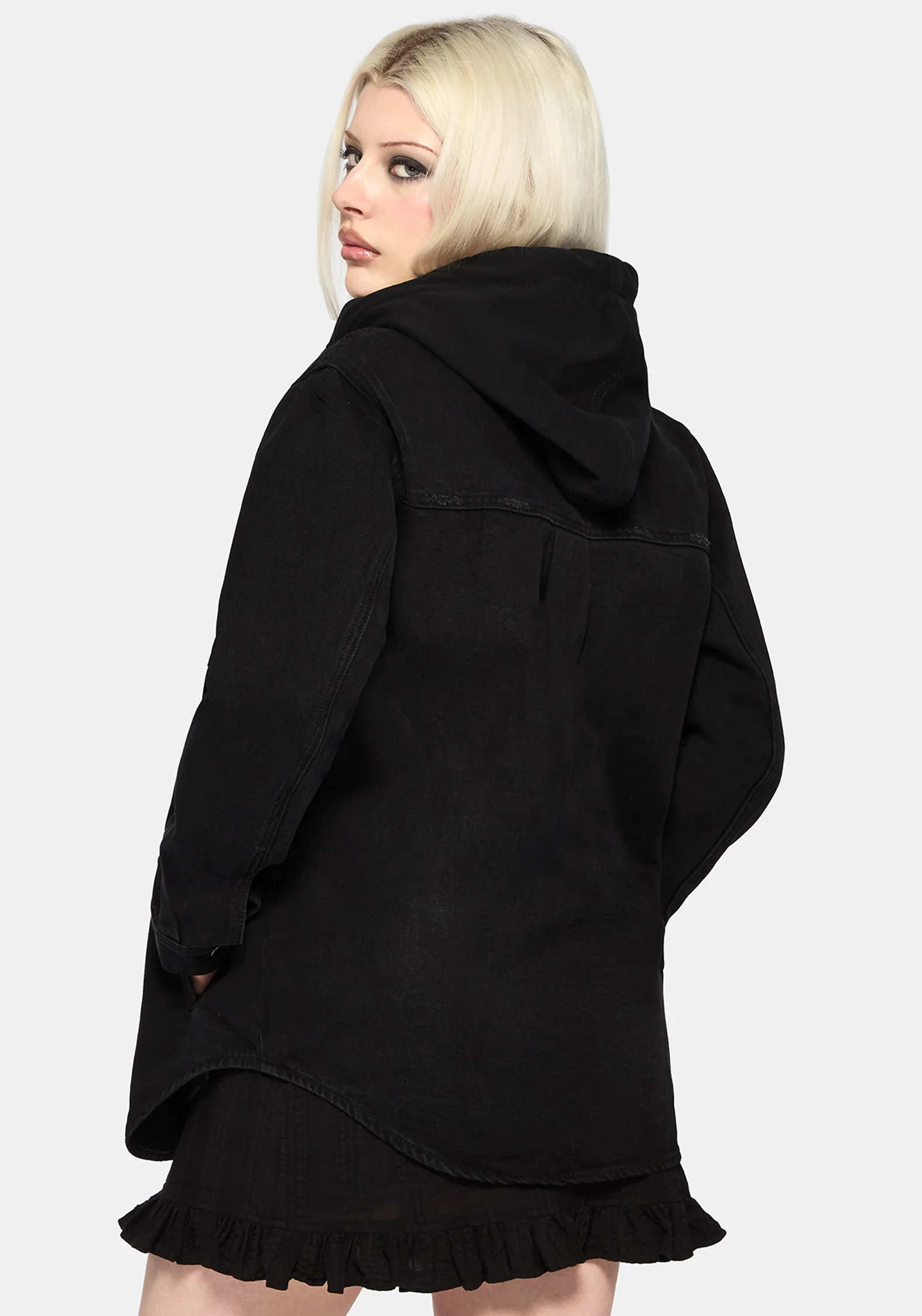 Trellis Hooded Pocket Denim Shacket - Image 3
