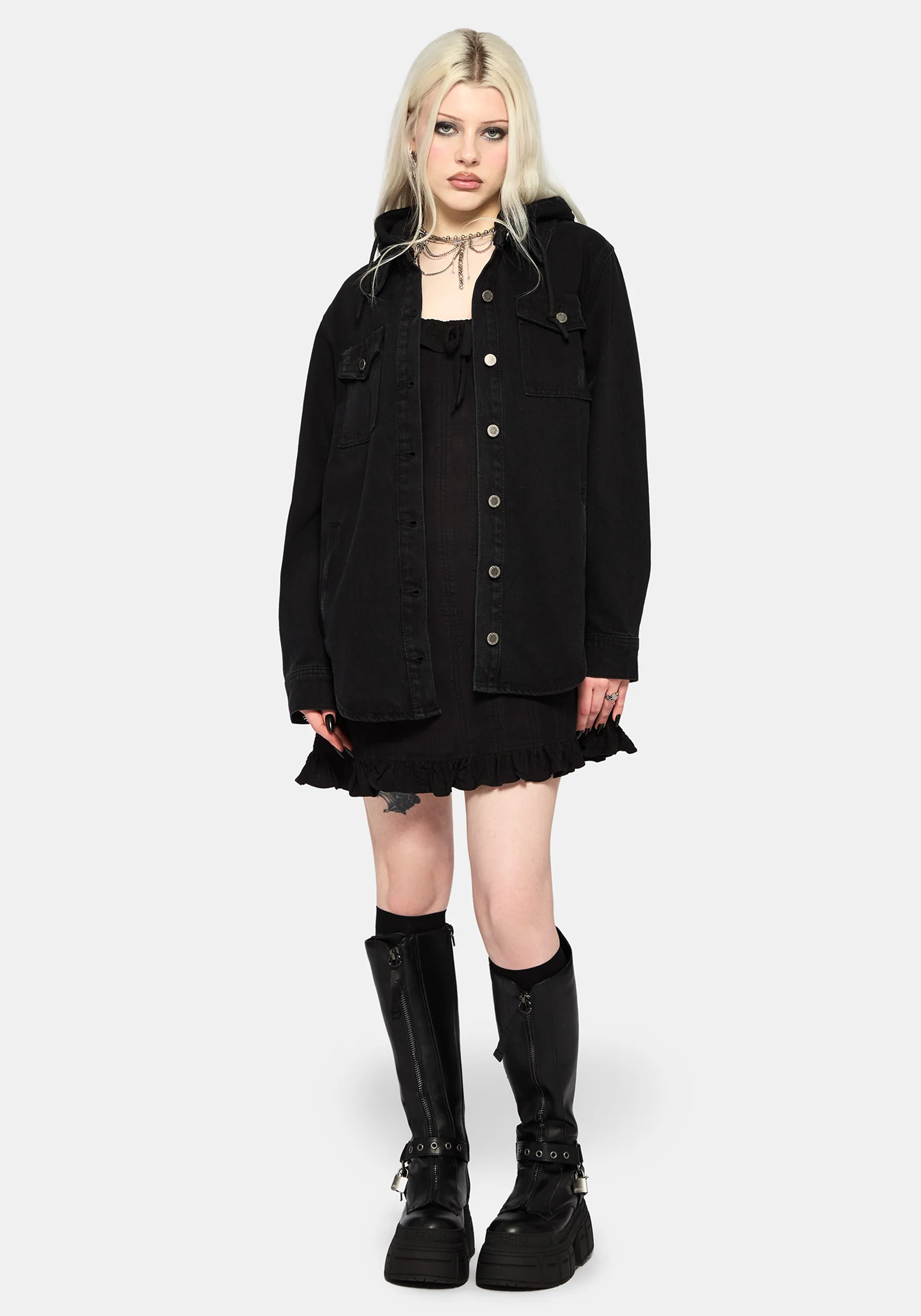 Trellis Hooded Pocket Denim Shacket - Image 4