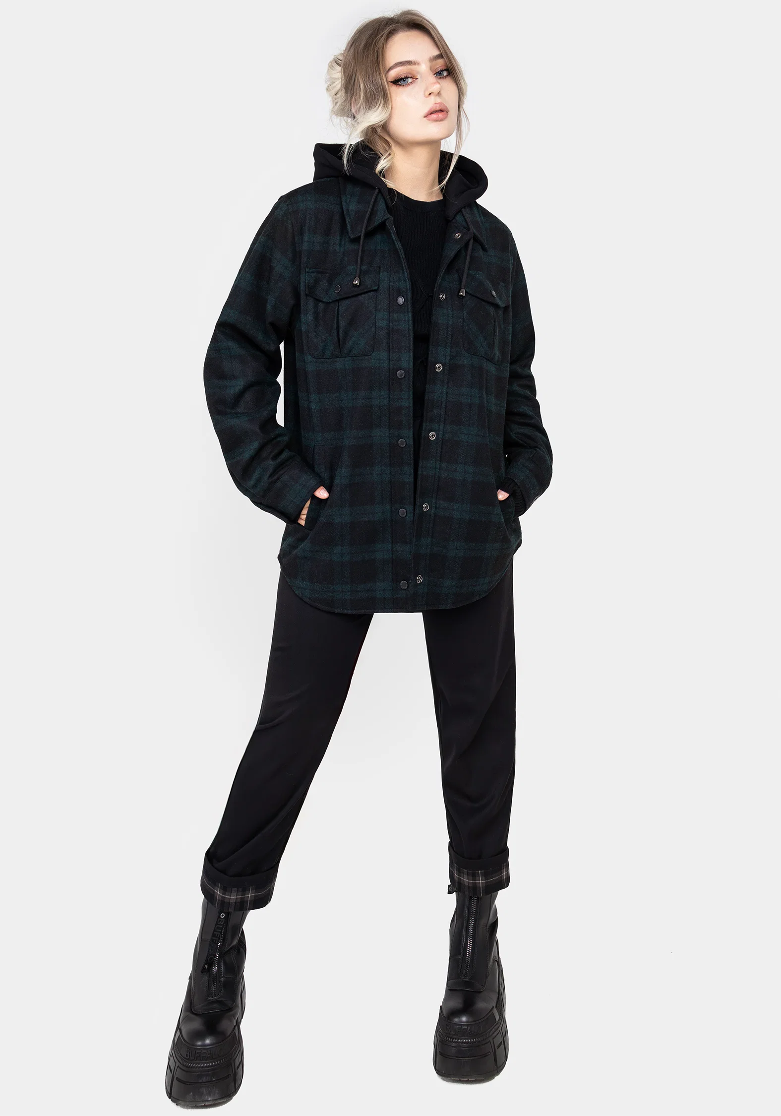 Trellis Hooded Pocket Wool Blend Check Shacket - Image 8