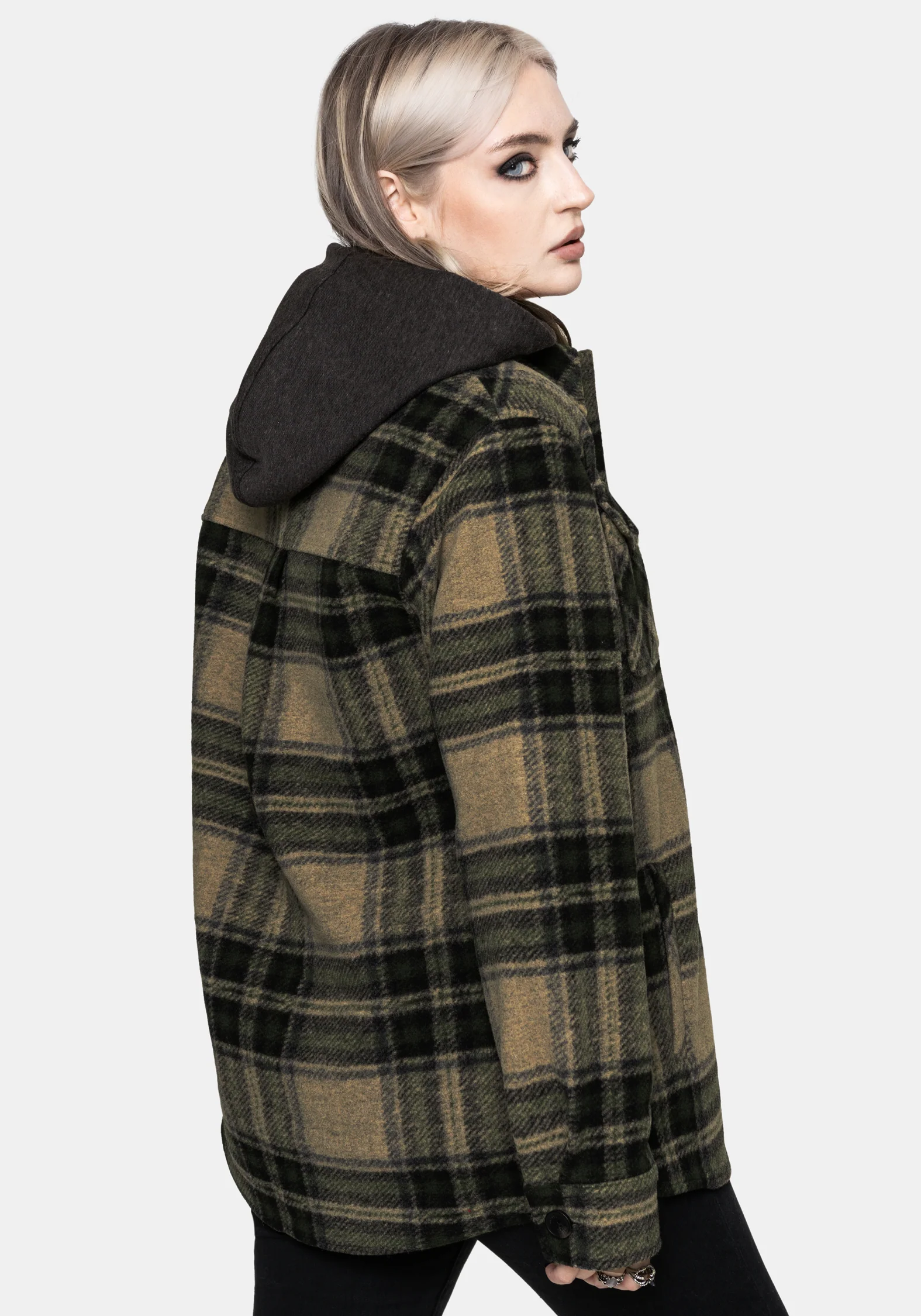 Trellis Lightweight Hooded Pocket Check Shacket - Green - Image 3