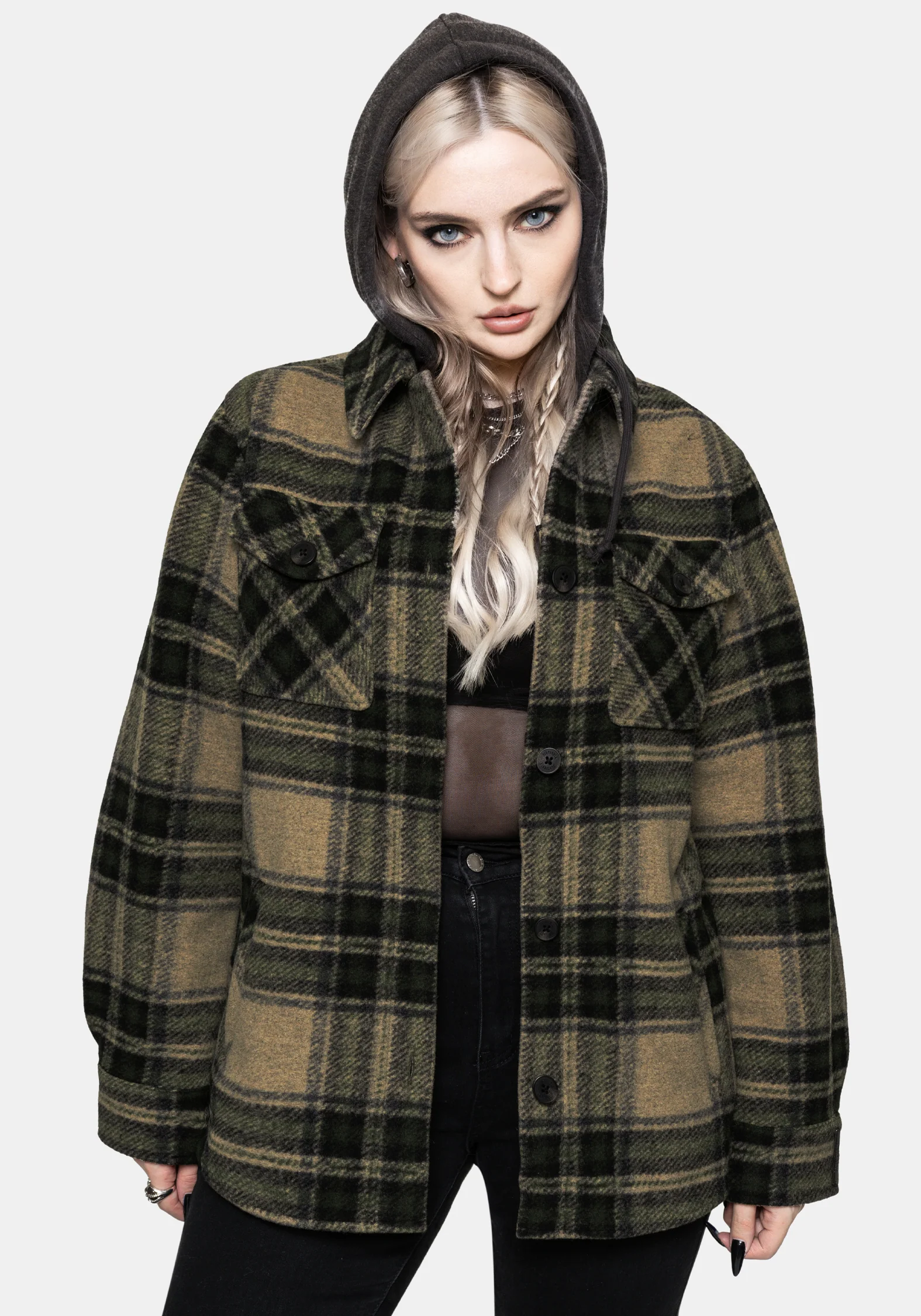 Trellis Lightweight Hooded Pocket Check Shacket - Green - Image 4