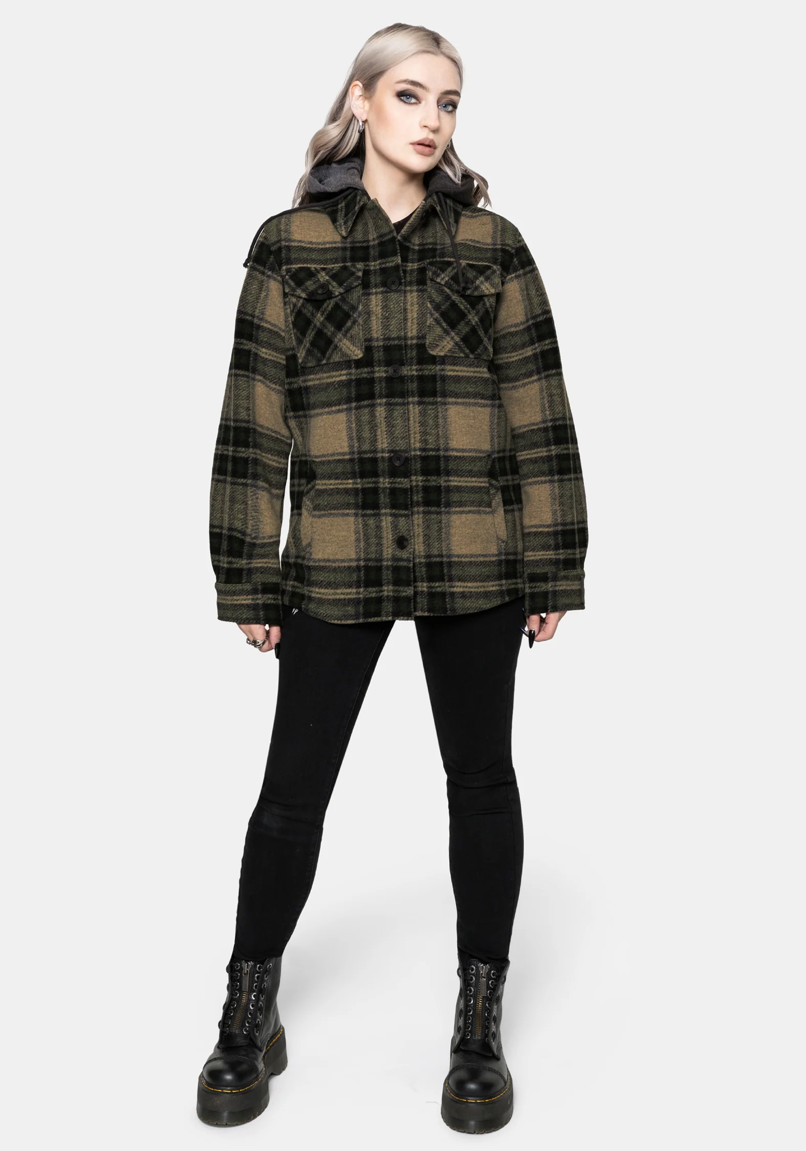 Trellis Lightweight Hooded Pocket Check Shacket - Green - Image 5