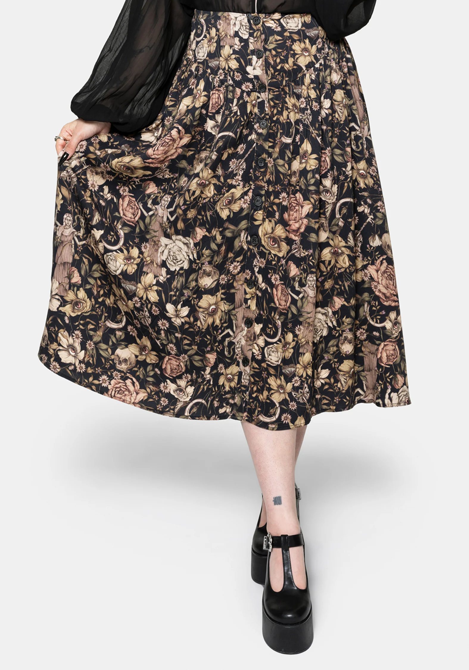 Triple Goddess Print Viscose Button Down Midi Skirt - Image 4