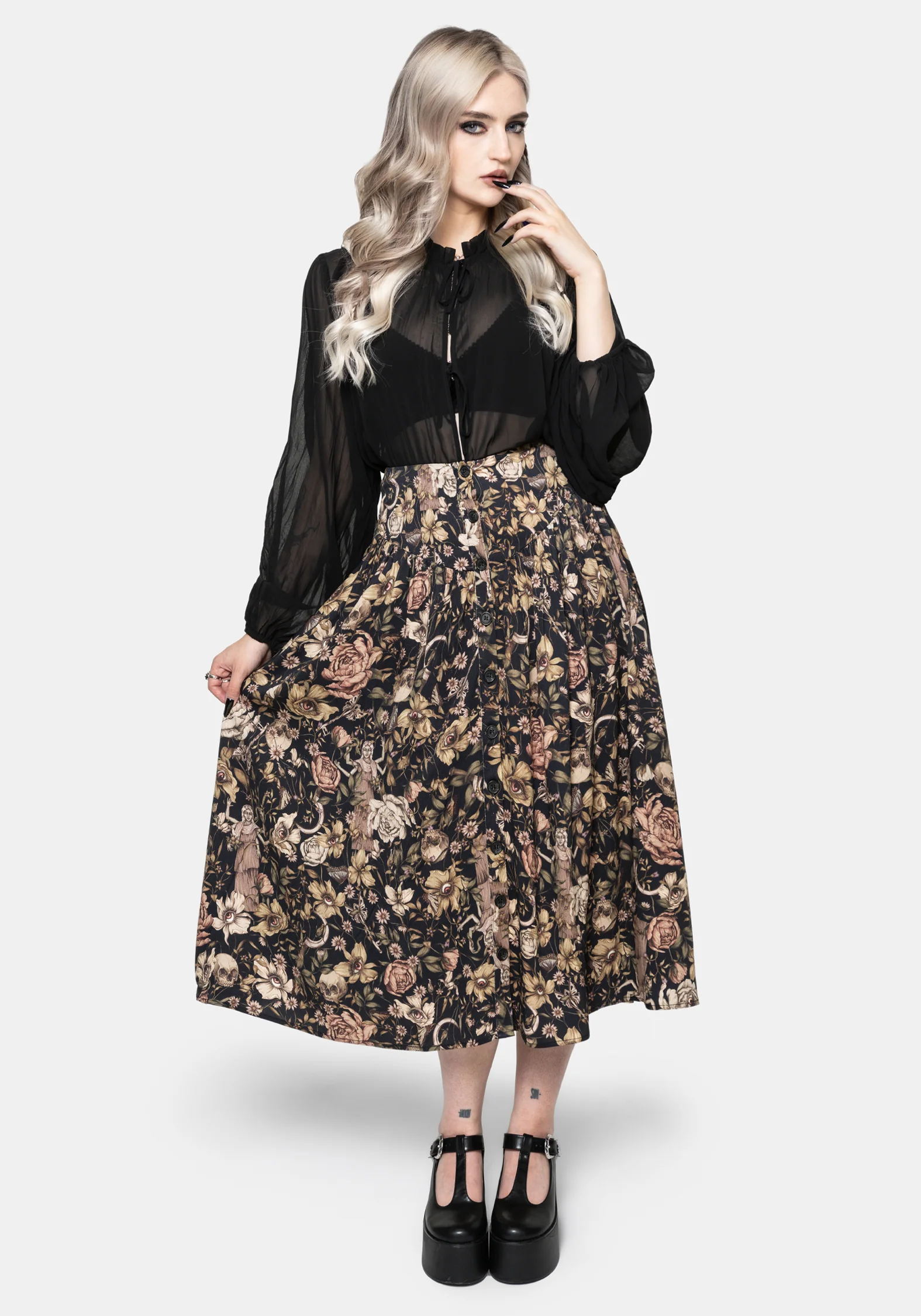 Triple Goddess Print Viscose Button Down Midi Skirt - Image 5