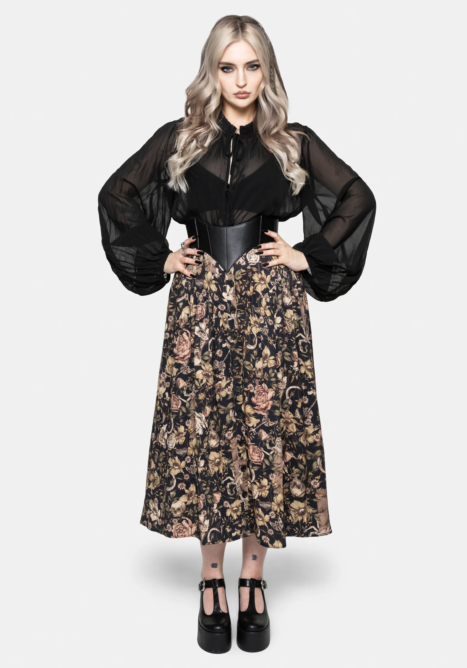 Triple Goddess Print Viscose Button Down Midi Skirt - Image 6