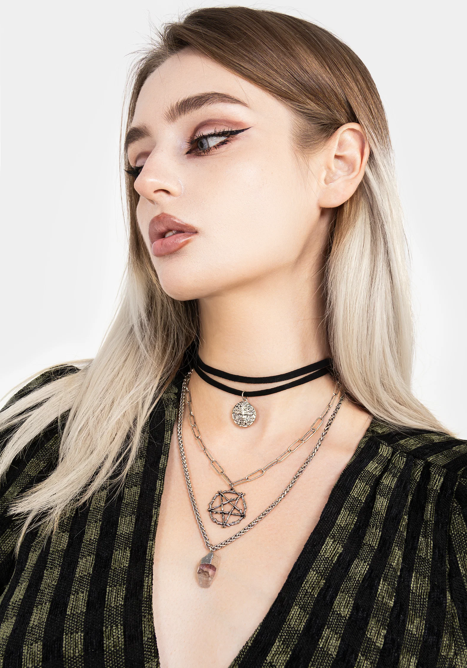 Triune 3 Layered Necklace Pentagram and Crystal - Image 3