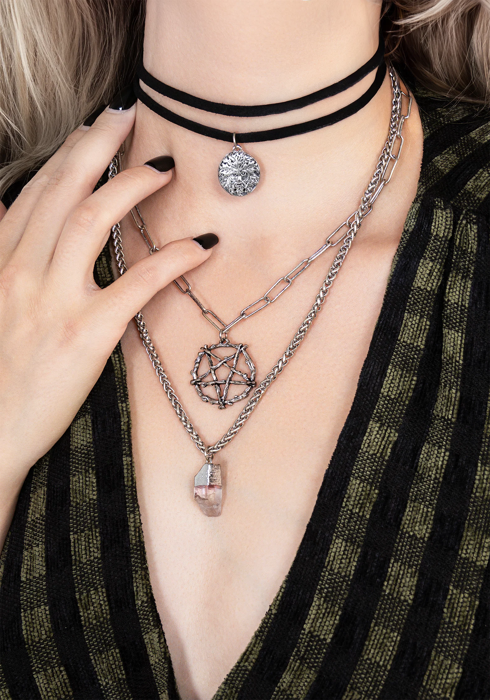 Triune 3 Layered Necklace Pentagram and Crystal - Image 5
