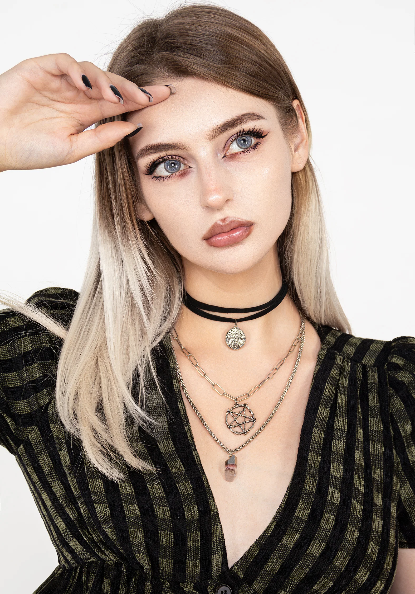 Triune 3 Layered Necklace Pentagram and Crystal - Image 6