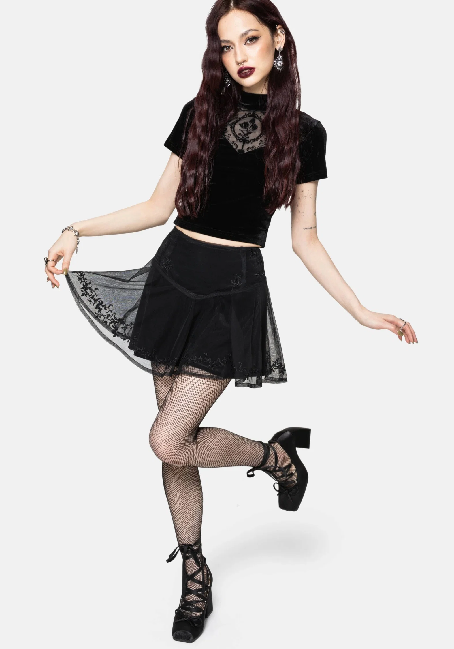 Trixie Velvet Fishnet Embroidered Mini Skirt - Image 2