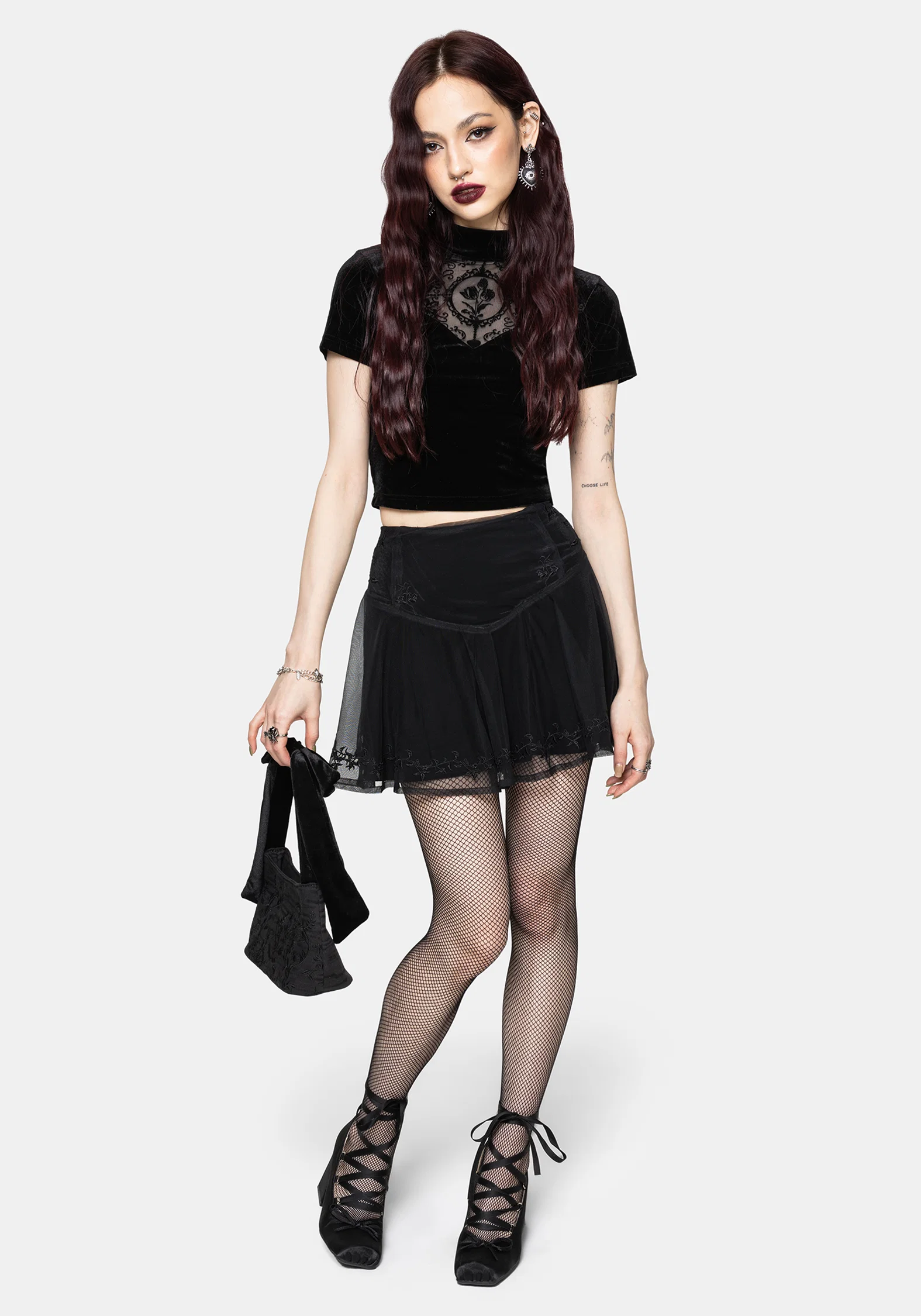 Trixie Velvet Fishnet Embroidered Mini Skirt - Image 7
