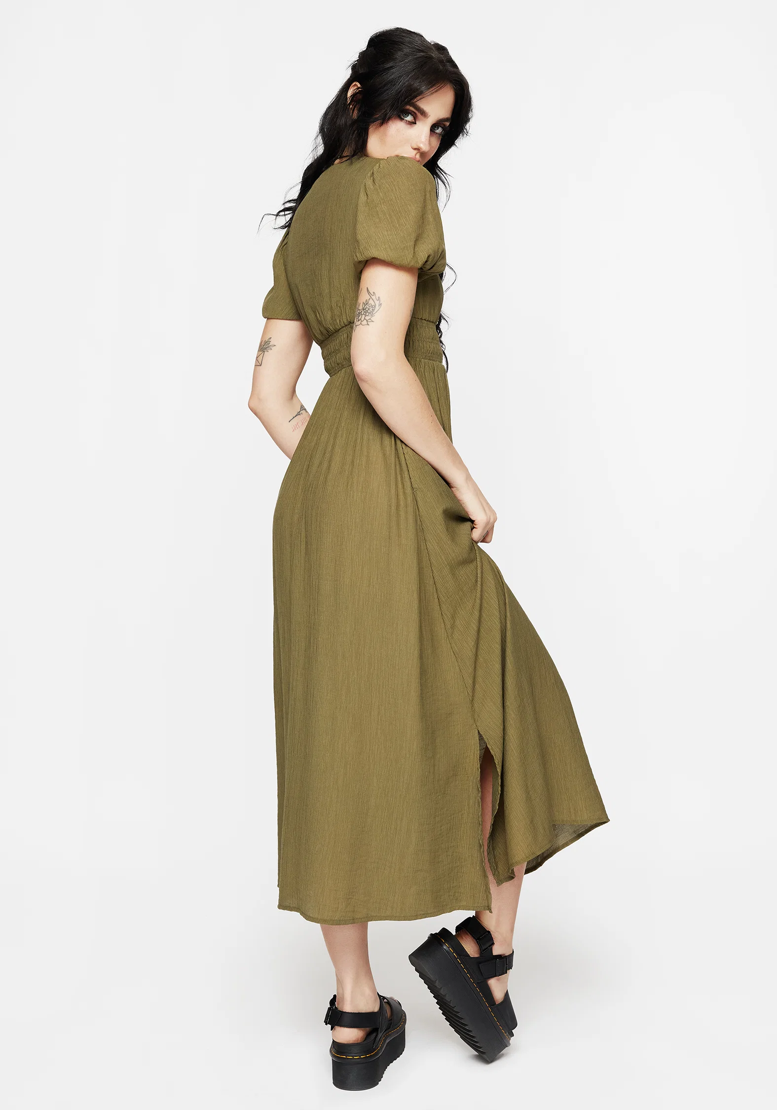 Tryphena Shirred V Neck Midaxi Dress - Image 3
