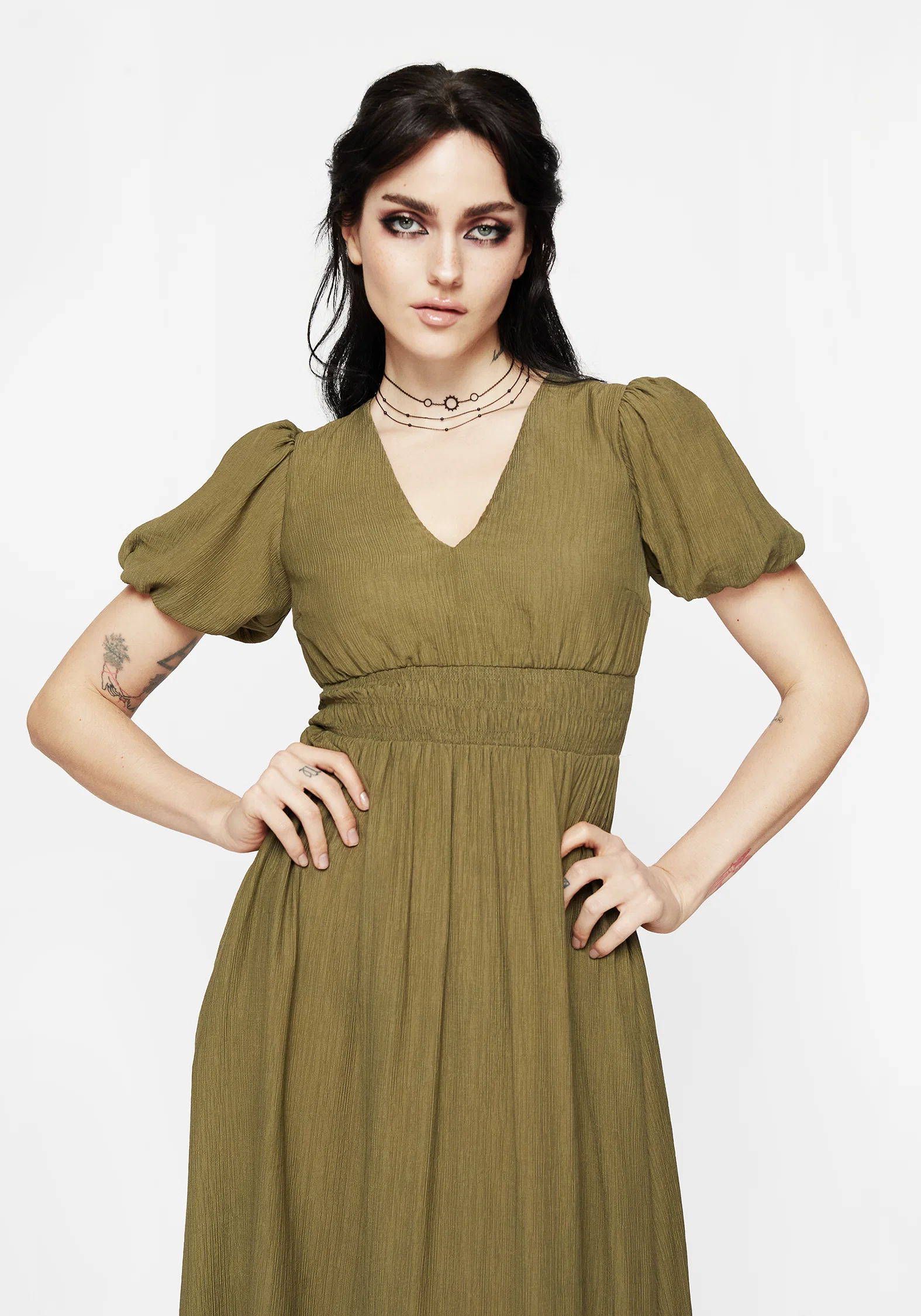 Tryphena Shirred V Neck Midaxi Dress - Image 5