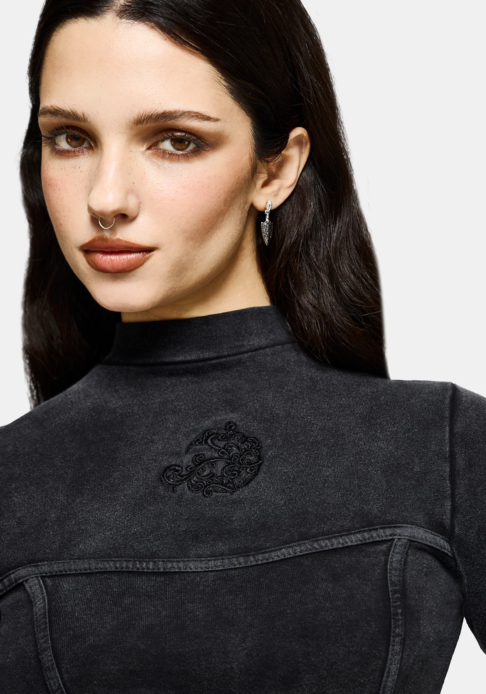 Uma Embroidered Seamed Ribbed Long Sleeved Top - Image 2