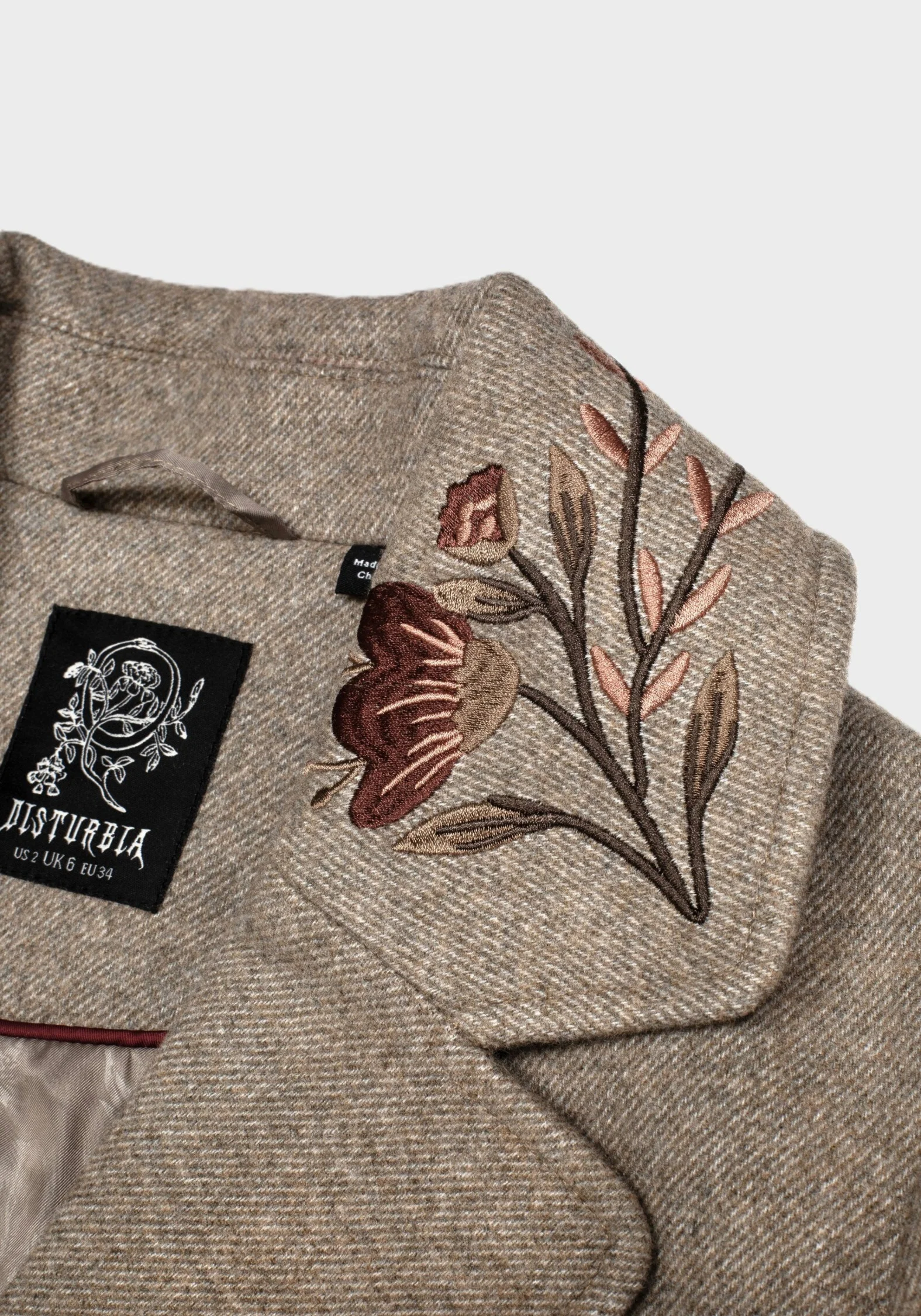 Valeria Floral Moth Embroidered Herringbone Longline Coat - Image 10