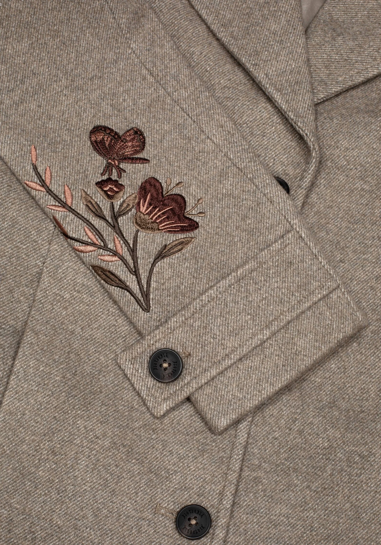 Valeria Floral Moth Embroidered Herringbone Longline Coat - Image 11
