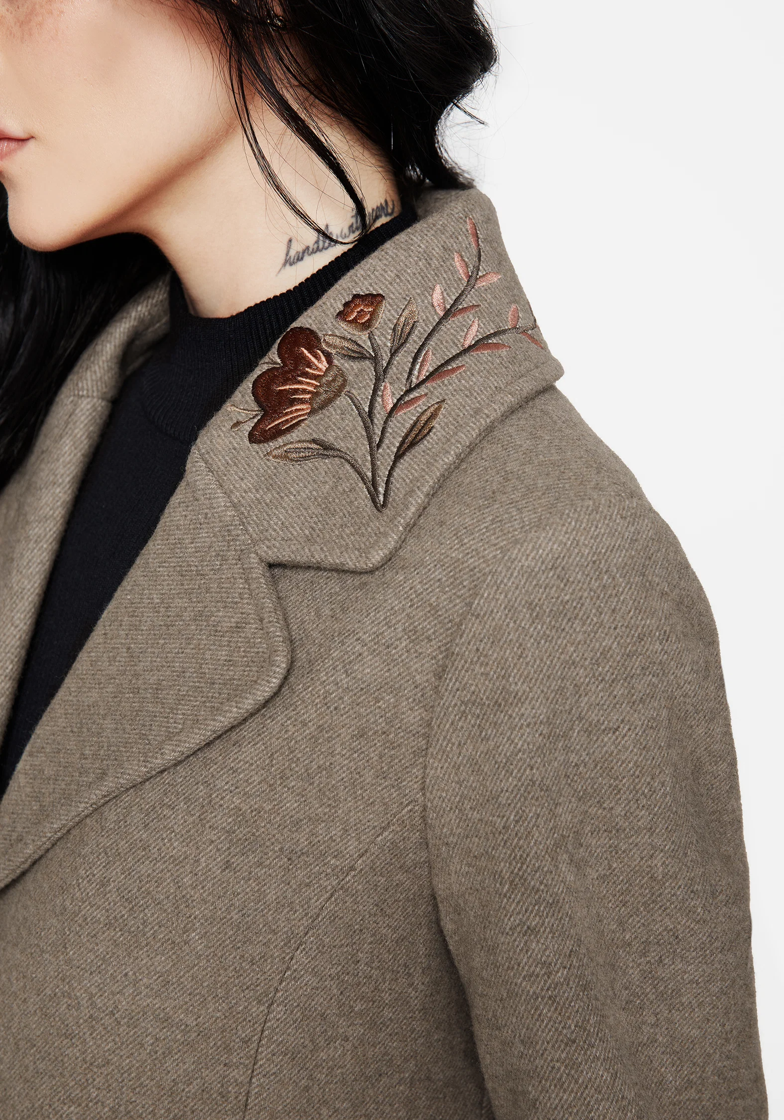 Valeria Floral Moth Embroidered Herringbone Longline Coat - Image 2