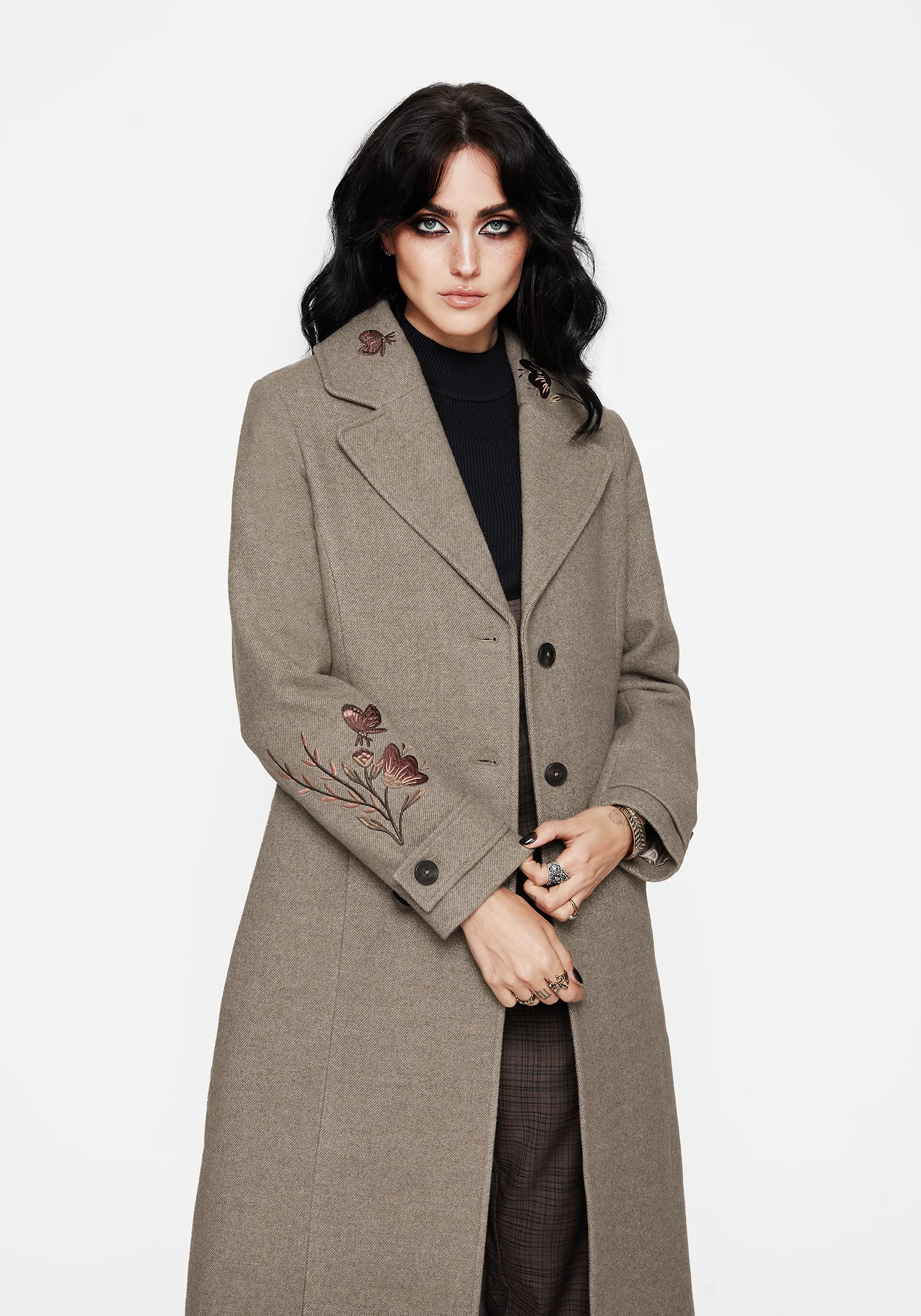 Valeria Floral Moth Embroidered Herringbone Longline Coat - Image 4