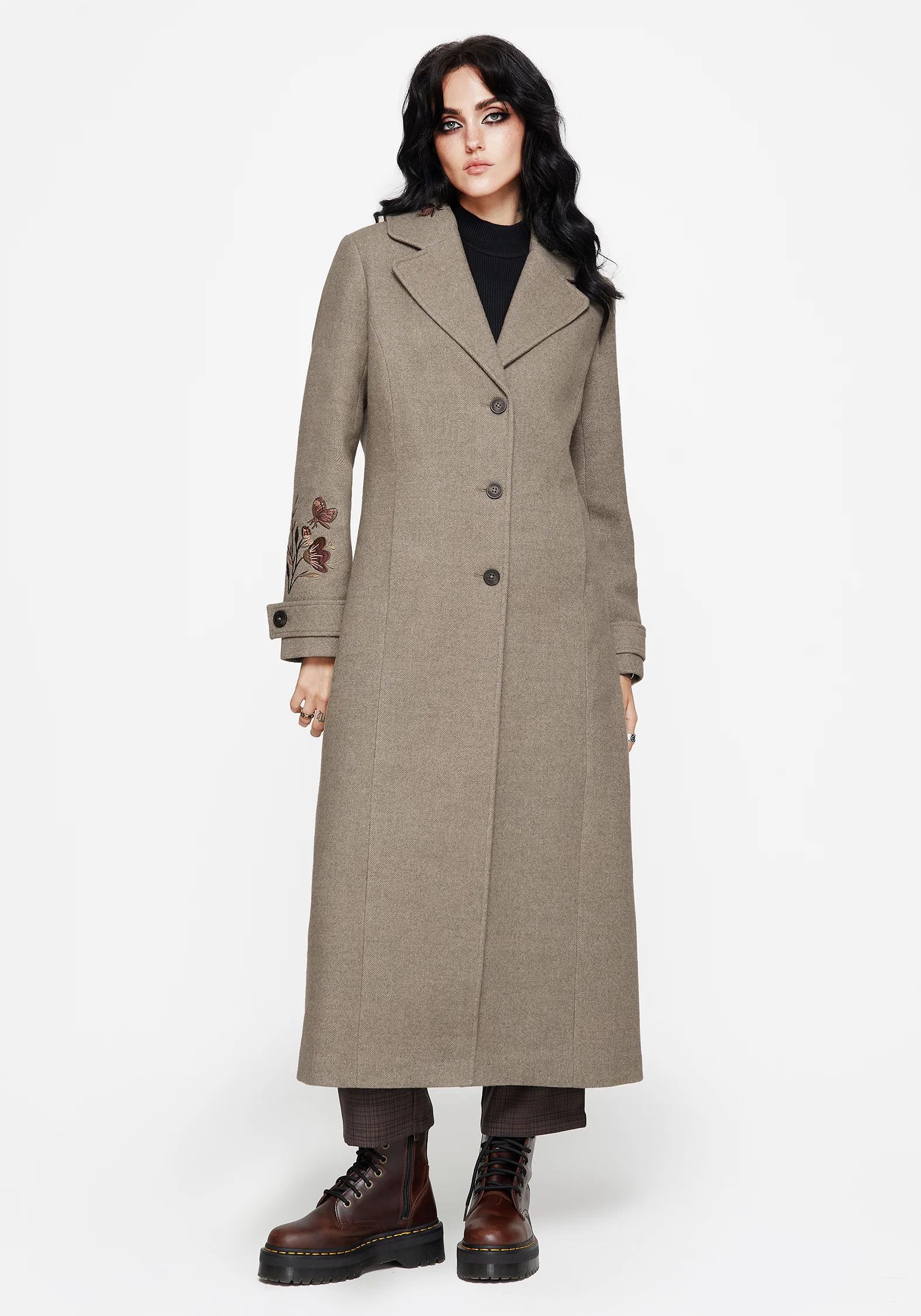 Valeria Floral Moth Embroidered Herringbone Longline Coat - Image 5