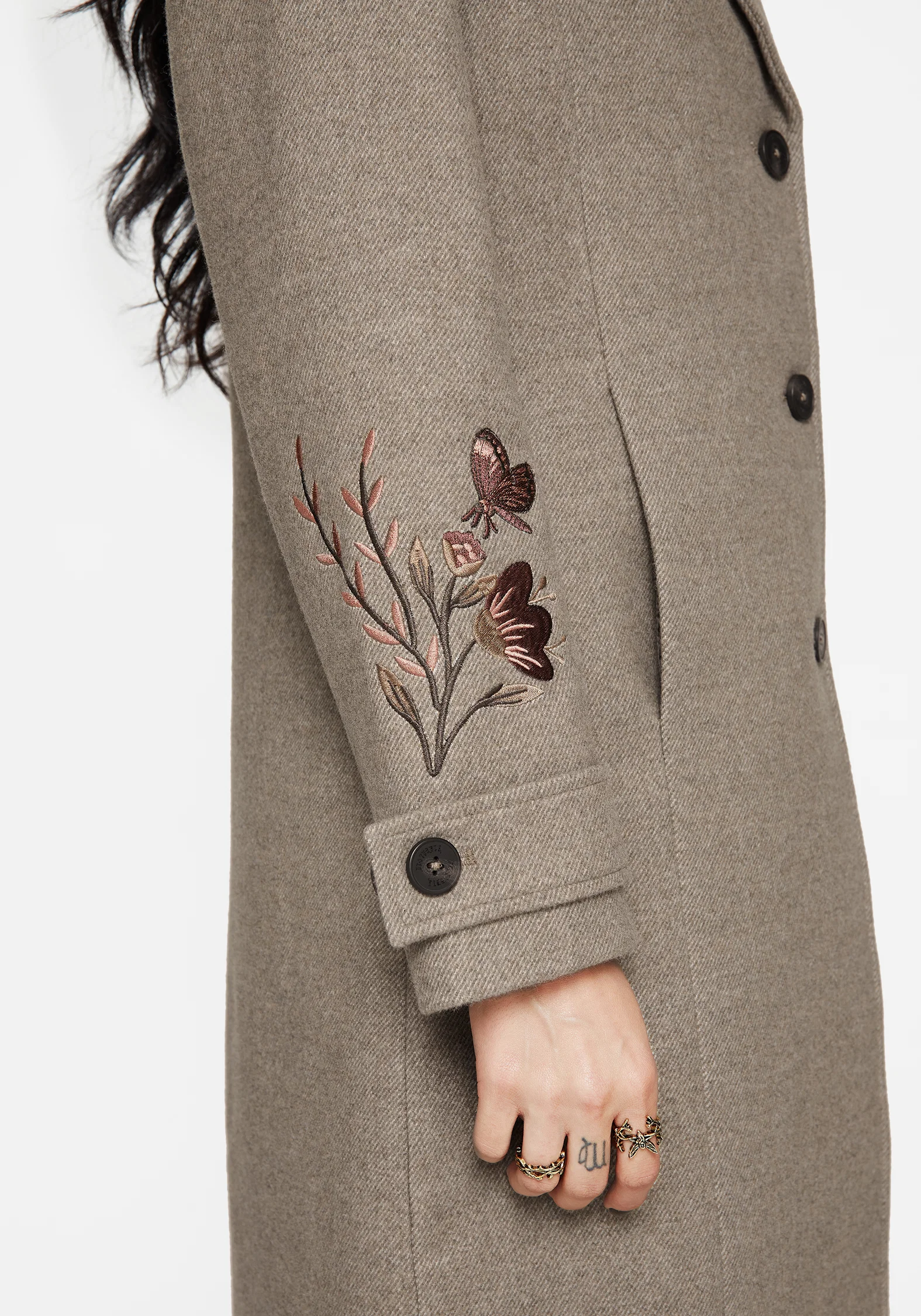 Valeria Floral Moth Embroidered Herringbone Longline Coat - Image 6