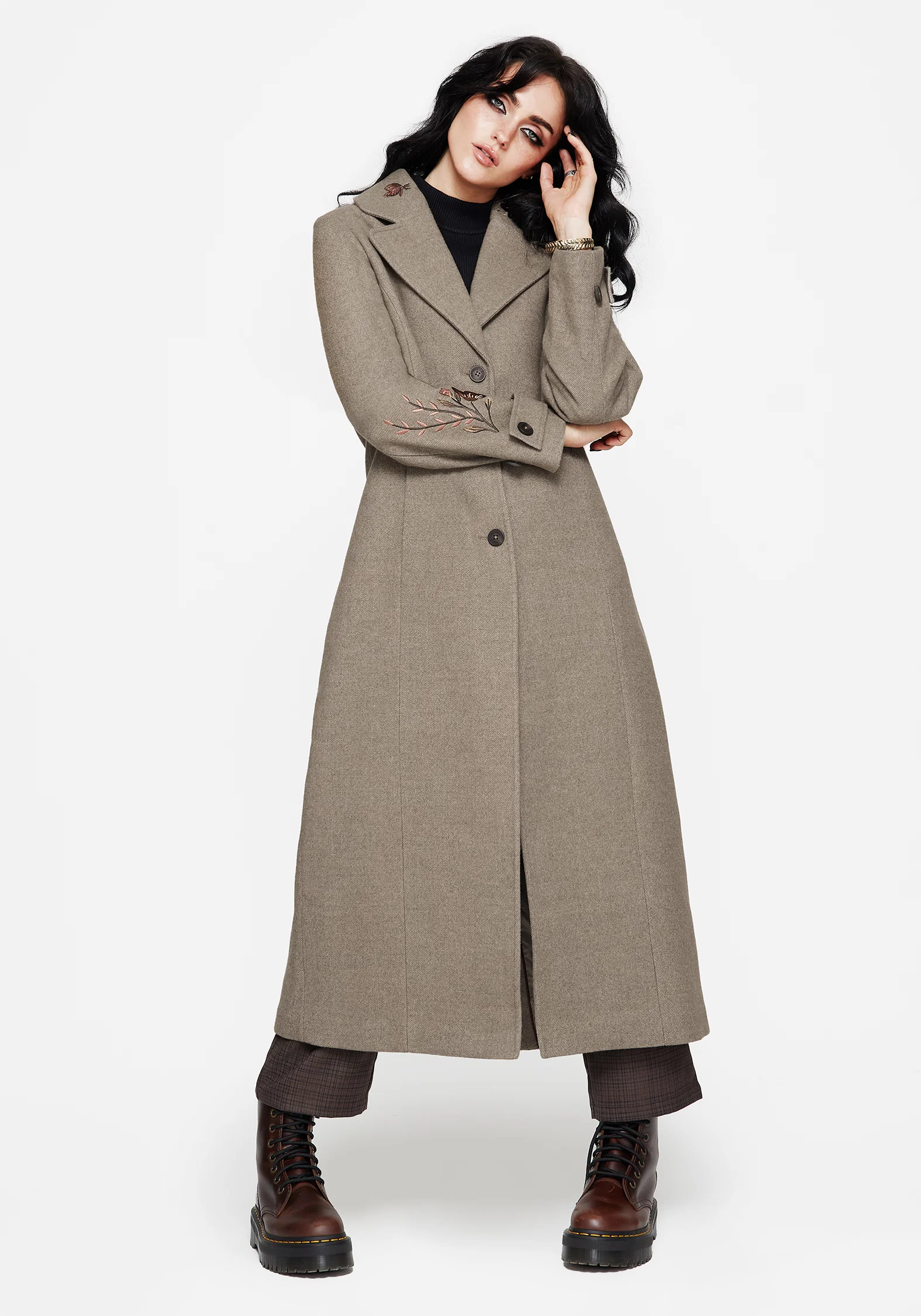 Valeria Floral Moth Embroidered Herringbone Longline Coat - Image 7