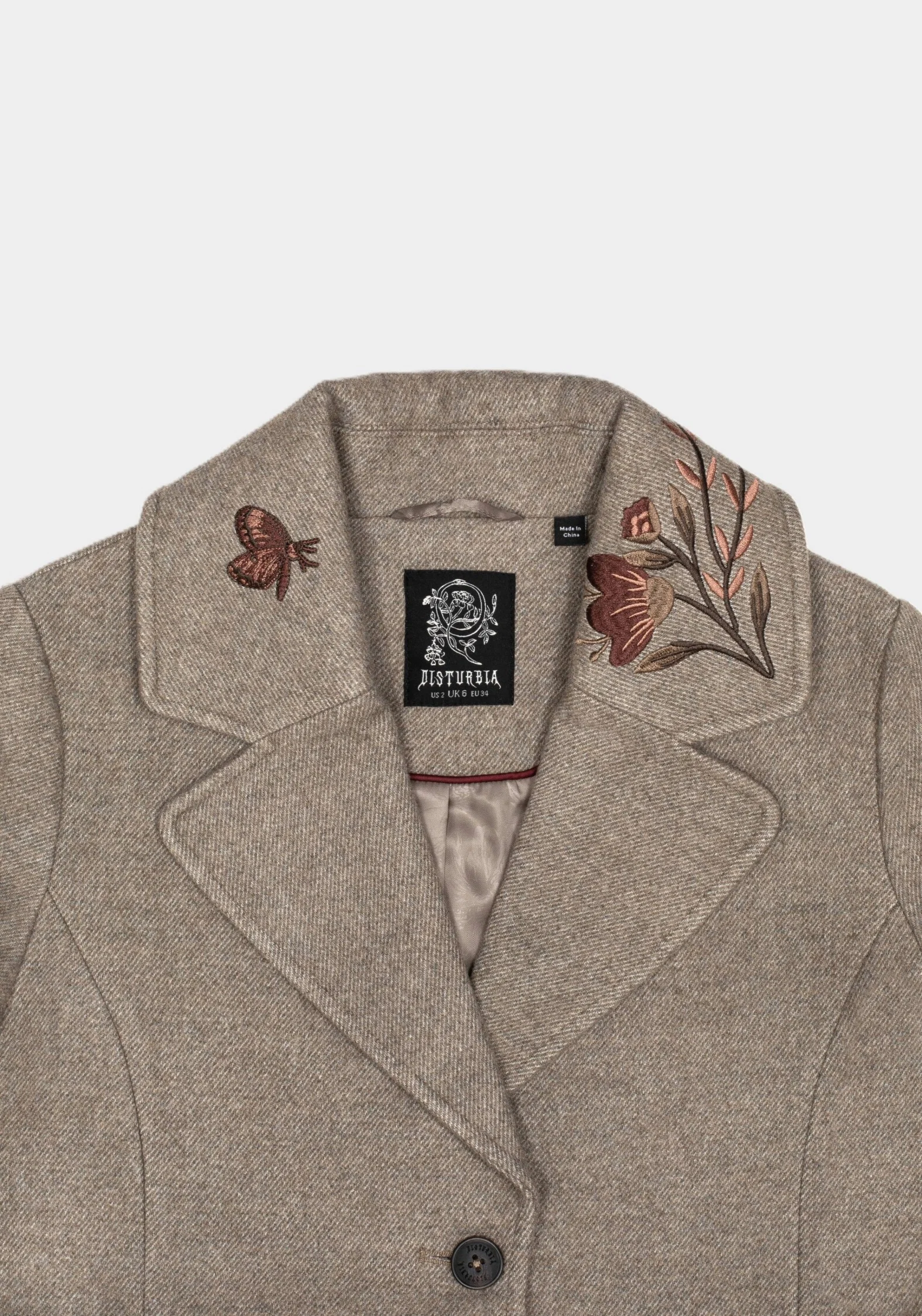 Valeria Floral Moth Embroidered Herringbone Longline Coat - Image 8