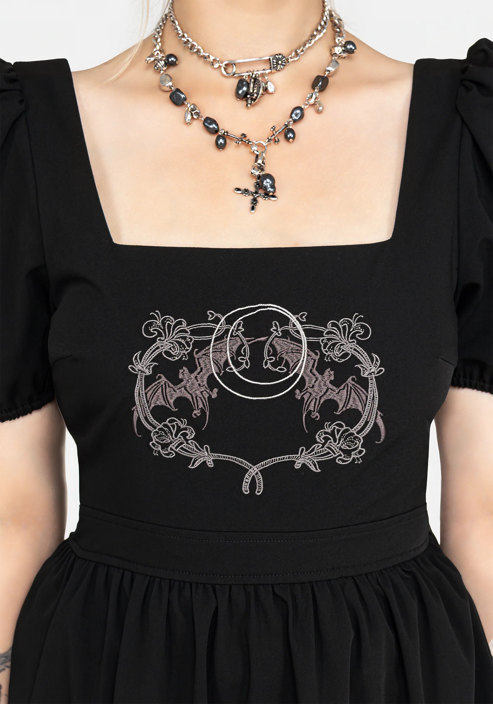 Vampyrum Bat Embroidered Puff Sleeve Mini Dress - Image 2