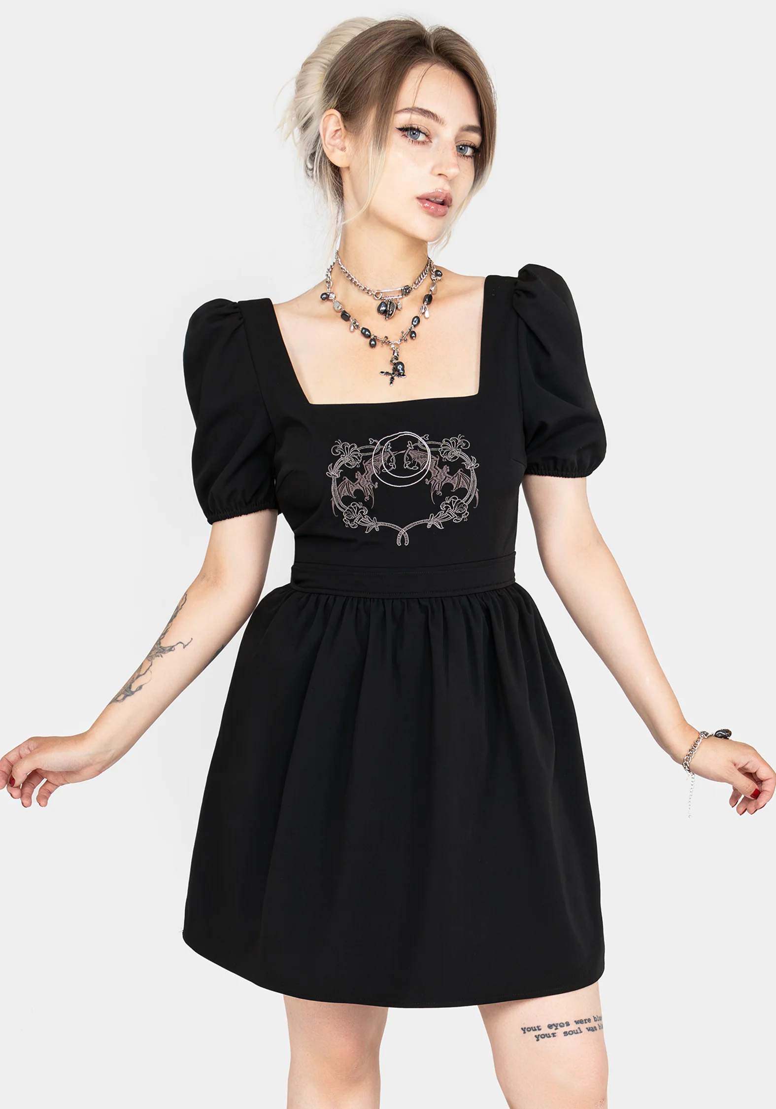 Vampyrum Bat Embroidered Puff Sleeve Mini Dress - Image 4