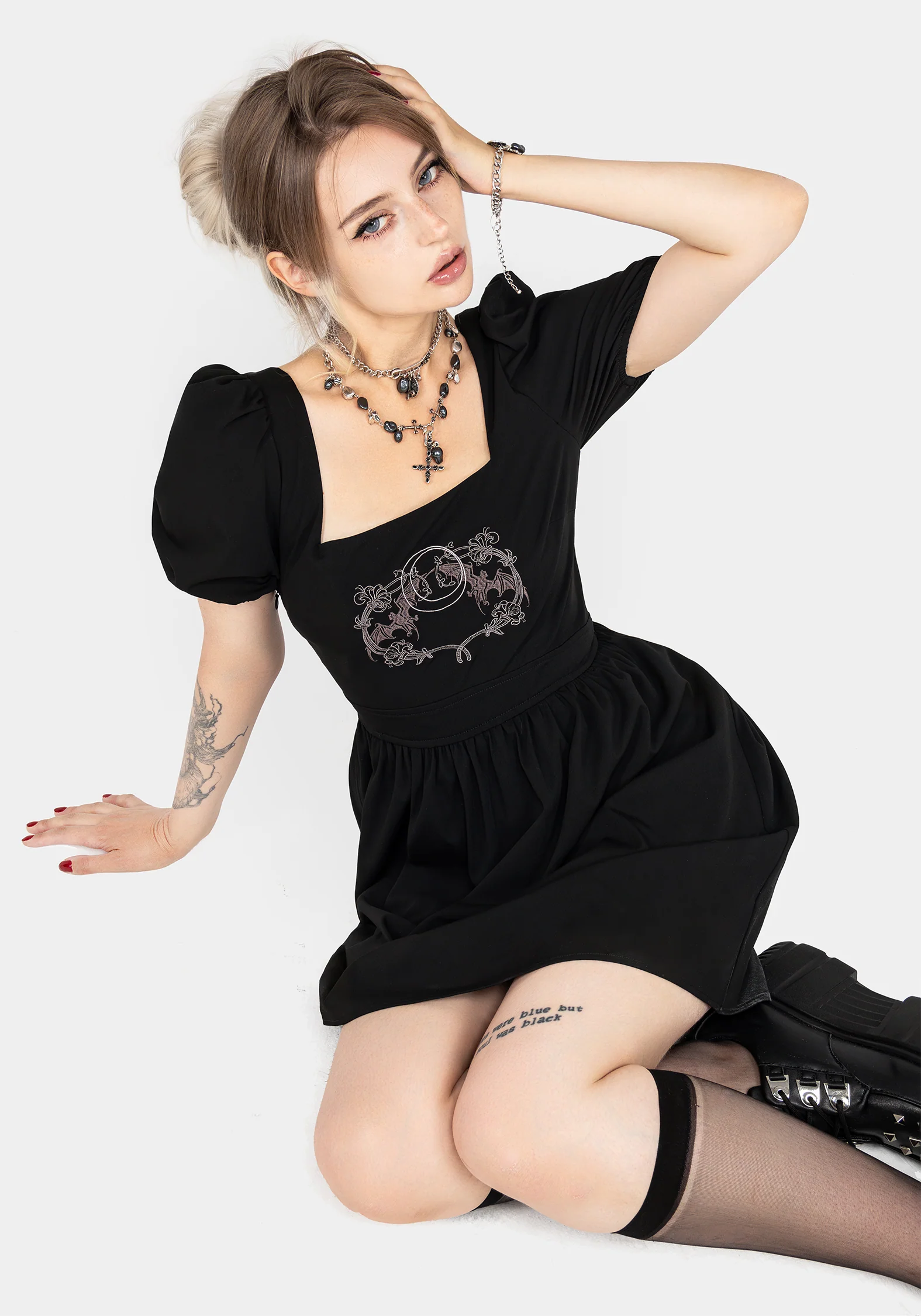 Vampyrum Bat Embroidered Puff Sleeve Mini Dress - Image 5