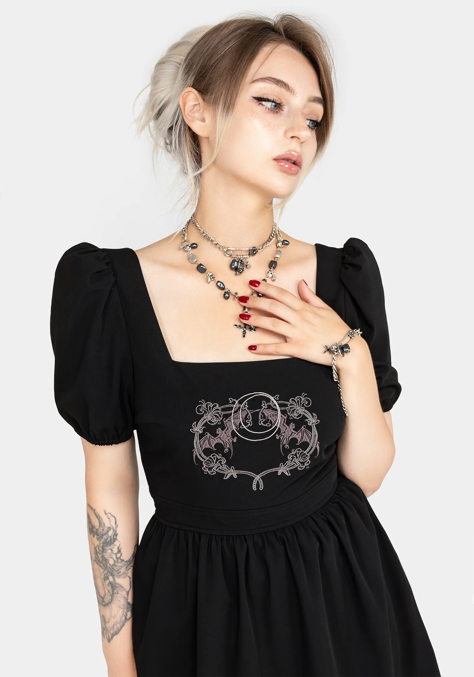 Vampyrum Bat Embroidered Puff Sleeve Mini Dress - Image 6